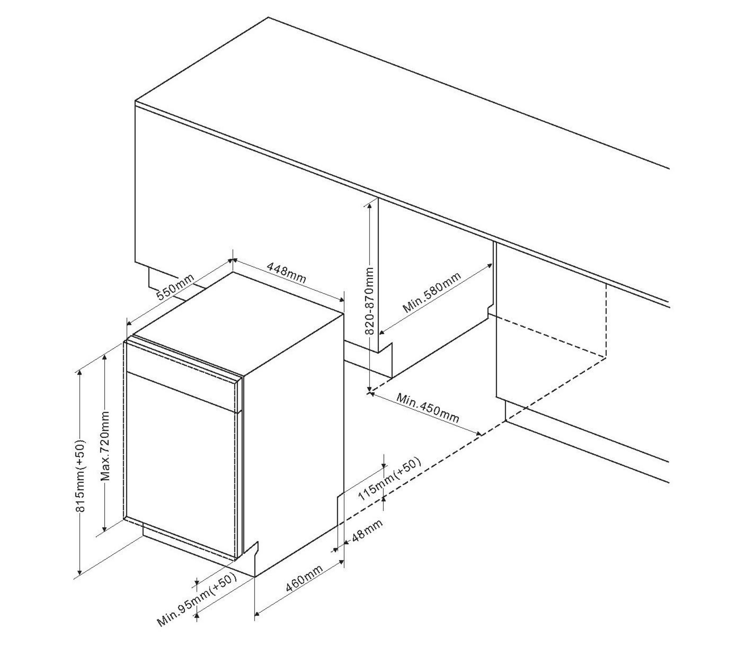Diagramm eines Geschirrspülers mit Maßen und Platzierung in der Küche.