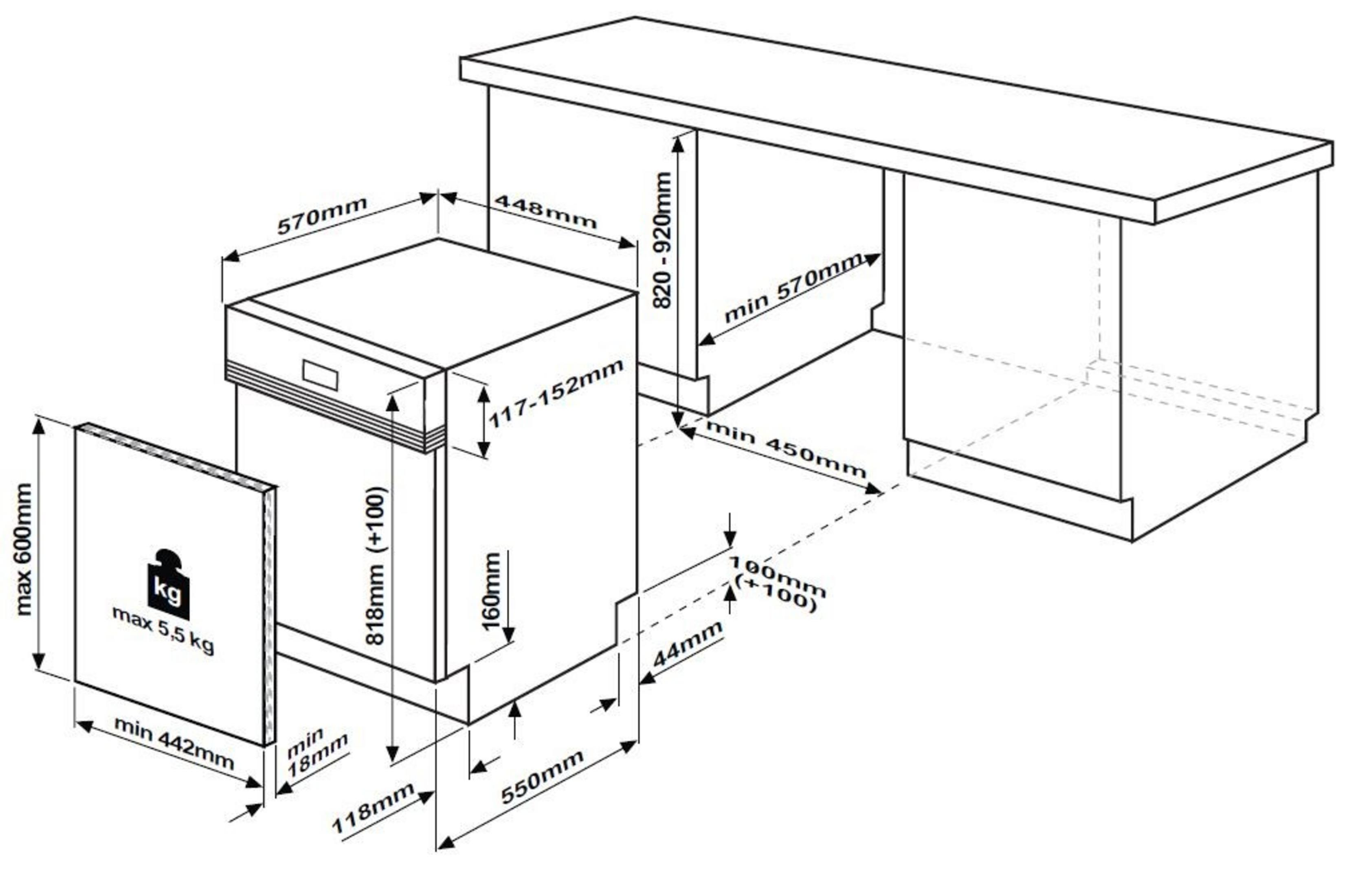 Diagramm mit den Abmessungen eines Geschirrspülers und dessen Platzierung in der Küche.