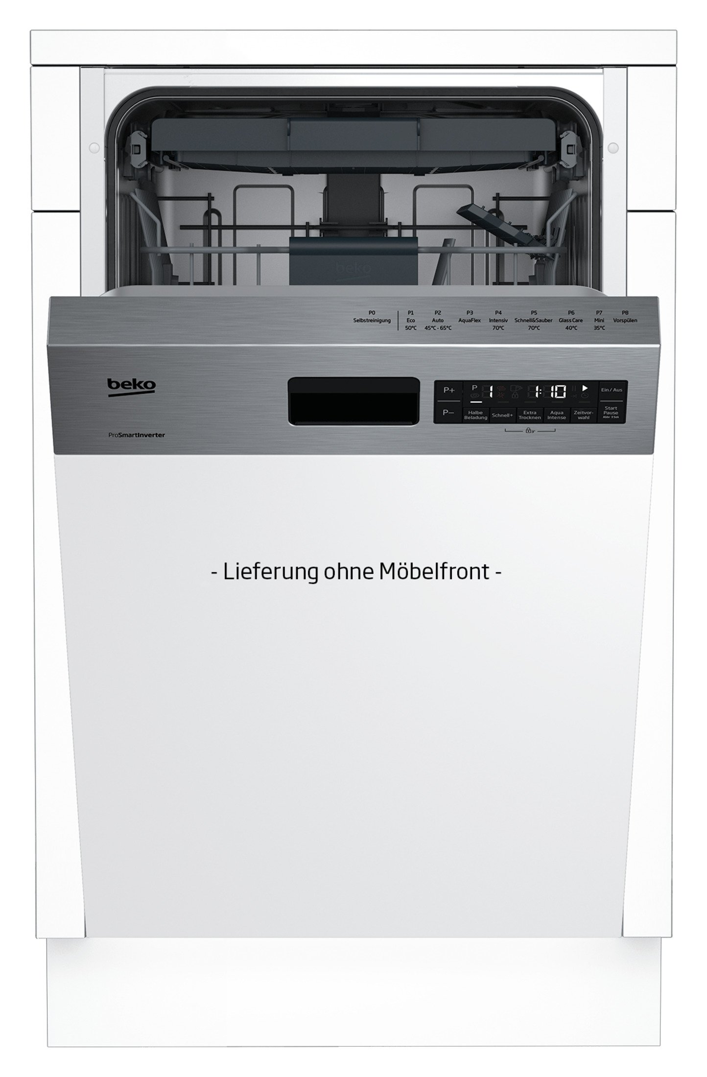 Weißer Geschirrspüler mit offener Tür. Das Bedienfeld ist silbern.