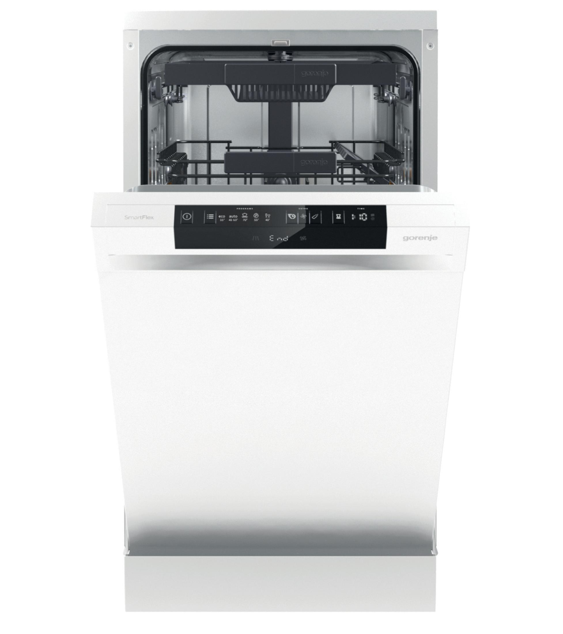 Ein weißer Gorenje-Geschirrspüler mit geöffneter Tür, die Innenregale und das Bedienfeld zeigt.