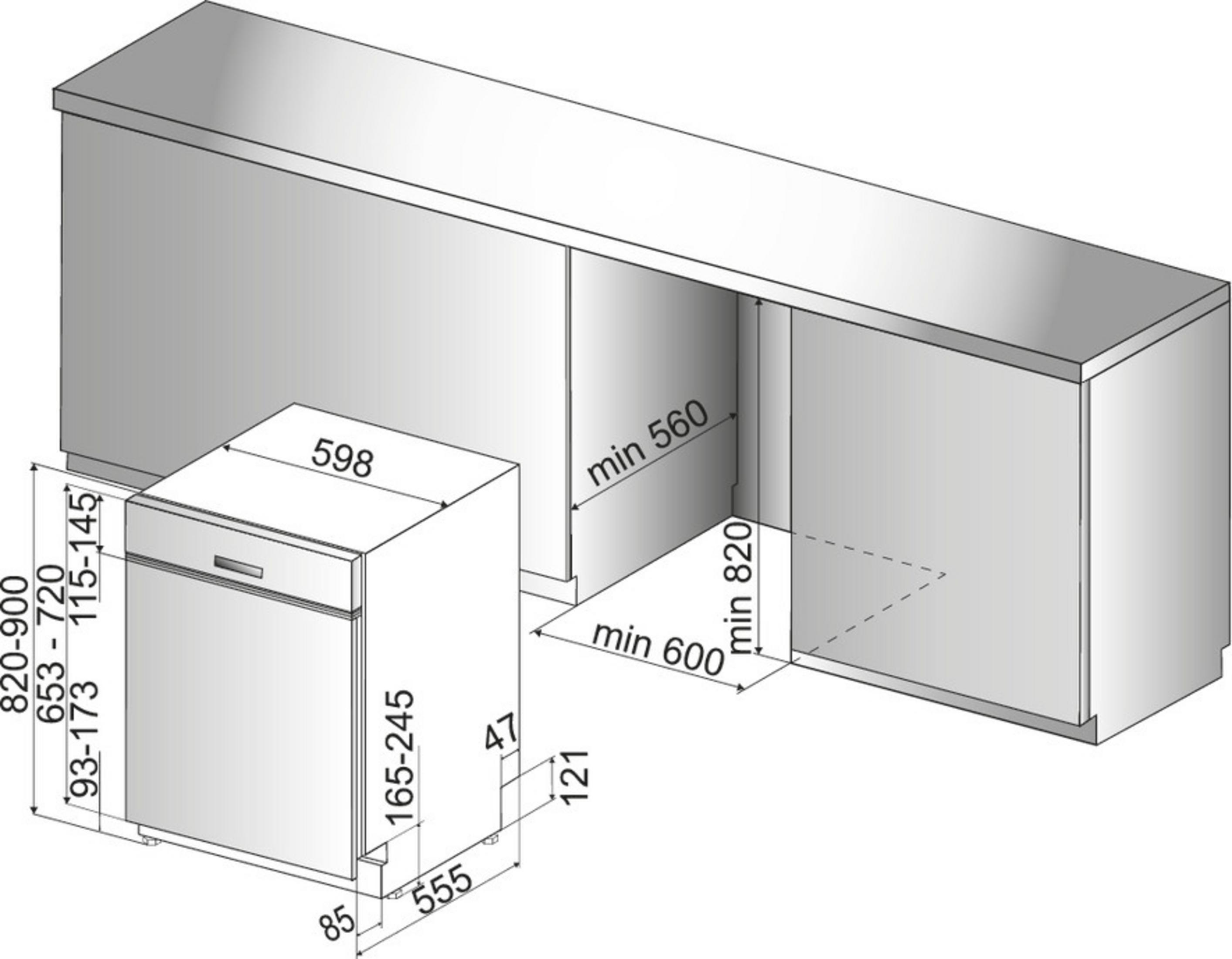 Diagramm mit Spülmaschinenmaßen. Zeigt Maße für die Installation.
