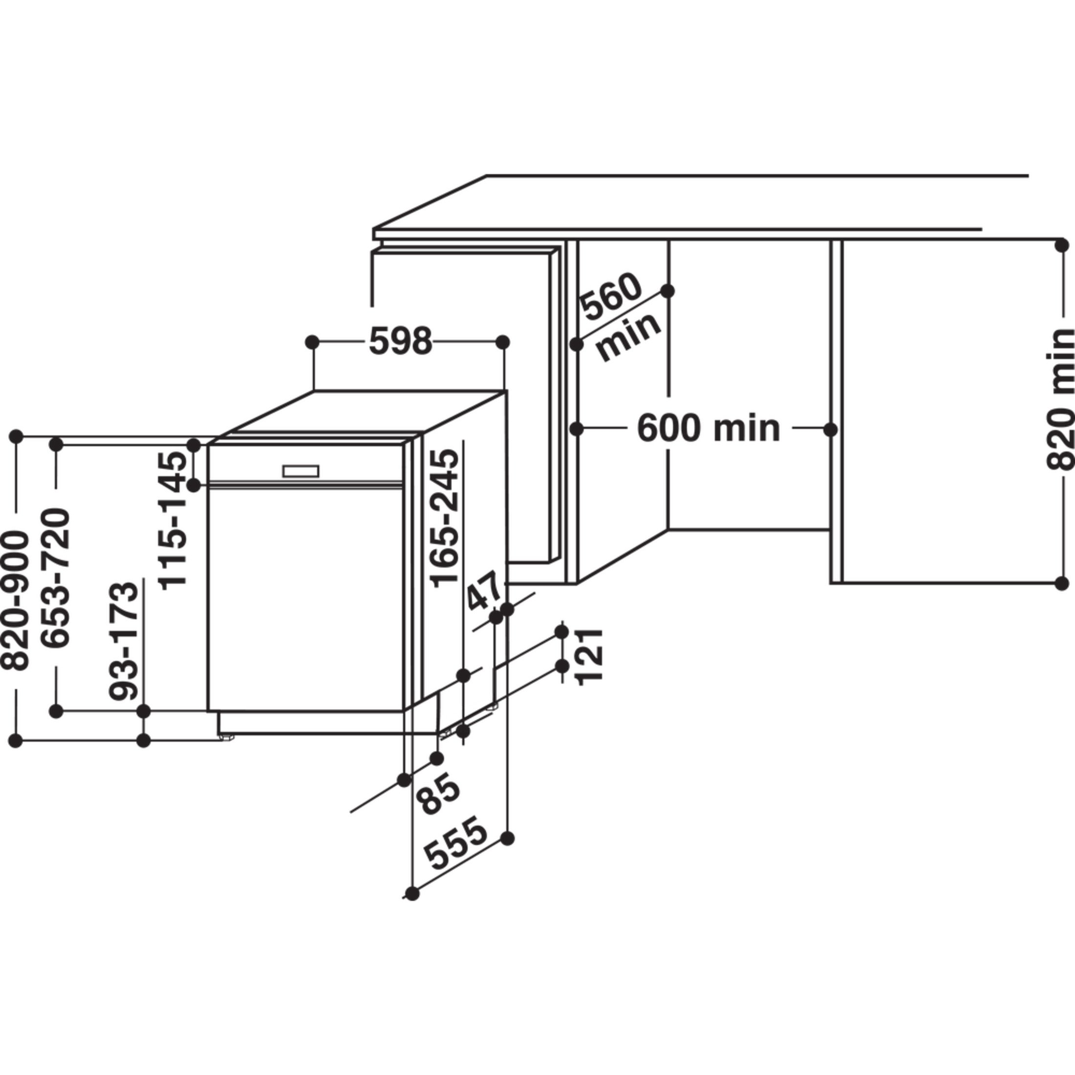 Diagramm einer Spülmaschine mit Messungen und Abmessungen in mm.