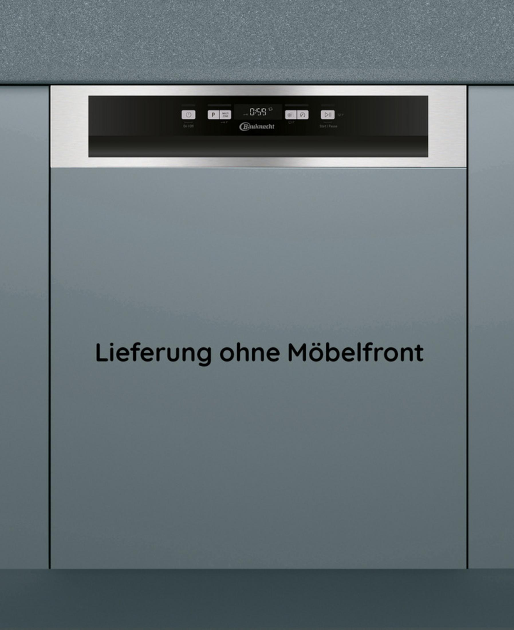 Einbaugeschirrspüler mit Bedienfeld. Text 'Lieferung ohne Möbelfront'. Grauer Schrank.