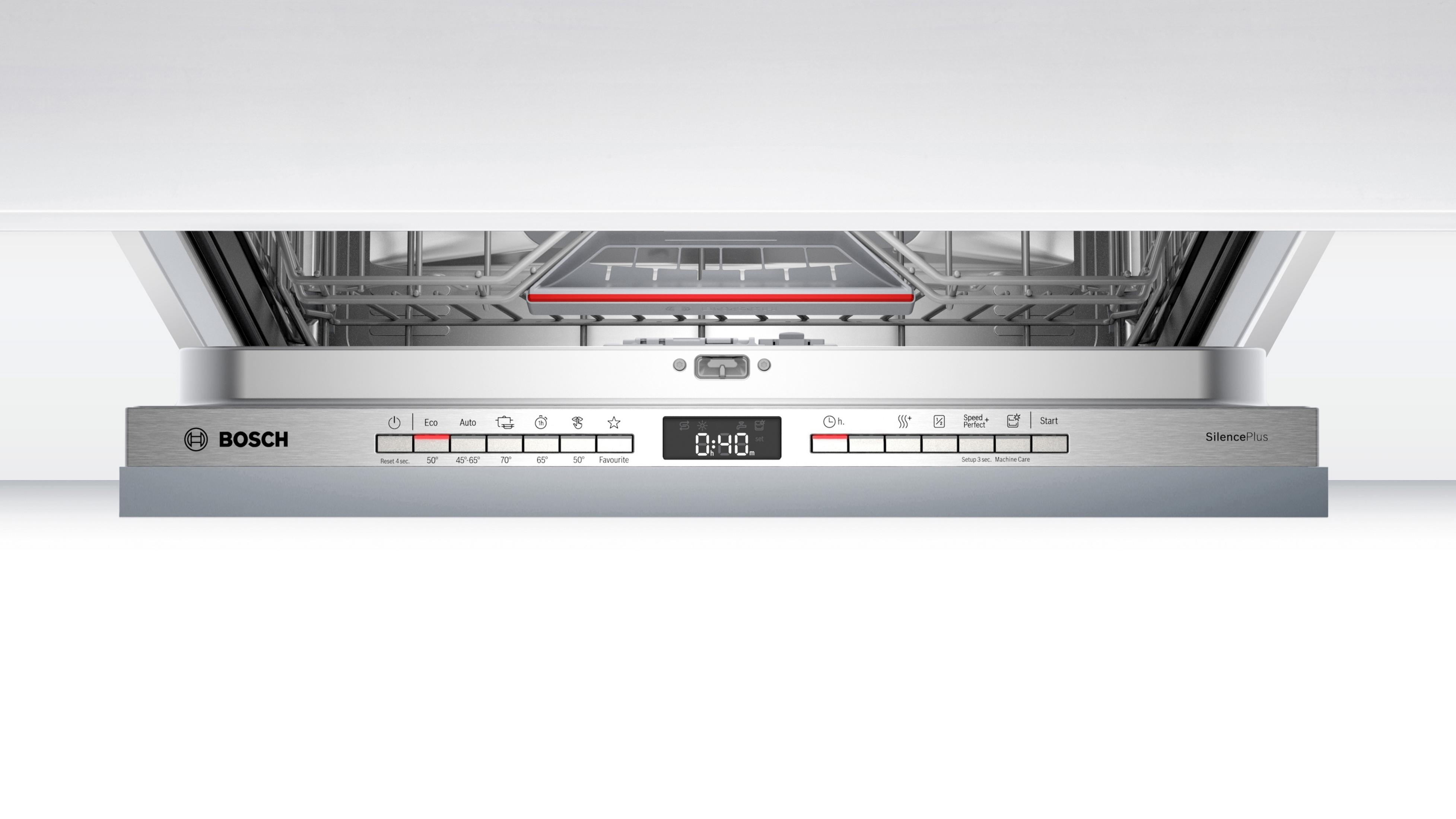 Vaatwasser bedieningspaneel, Bosch, met timer op '00:40'.