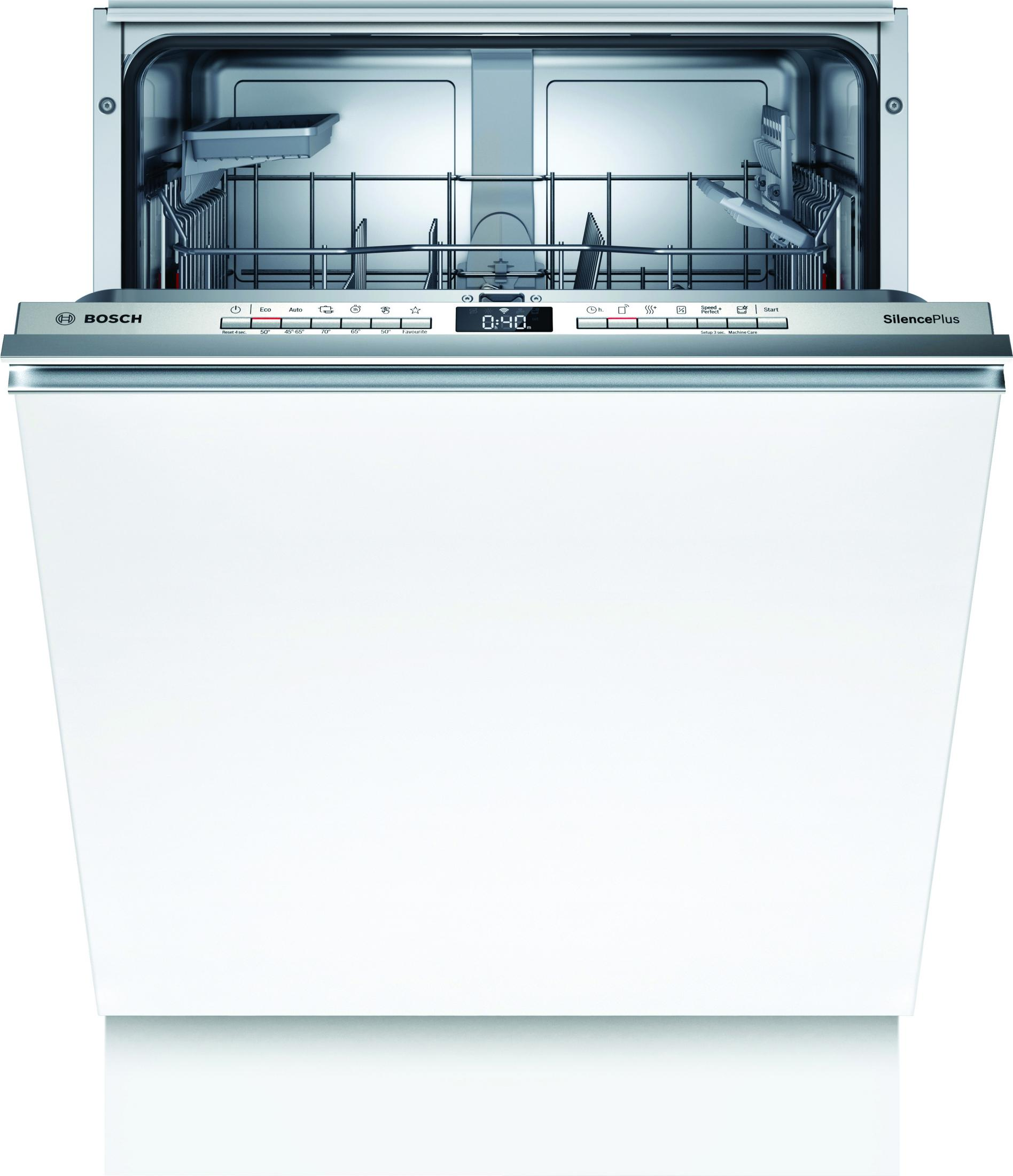 Witte Bosch vaatwasser met open deur, interieur en digitaal display.