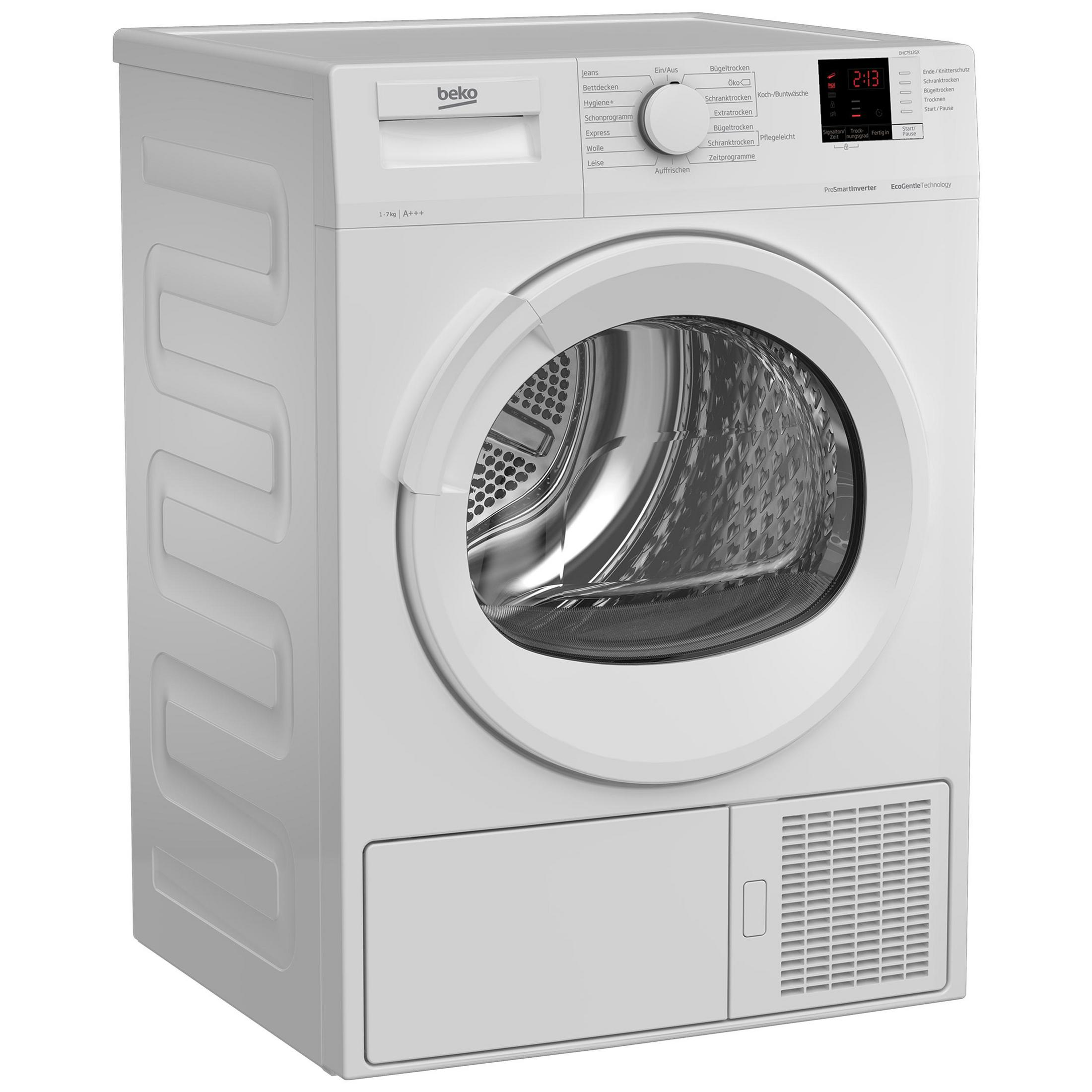 Weißer Beko Trockner. Mit Tür, Bedienfeld und Display. Frontblende mit Fach.