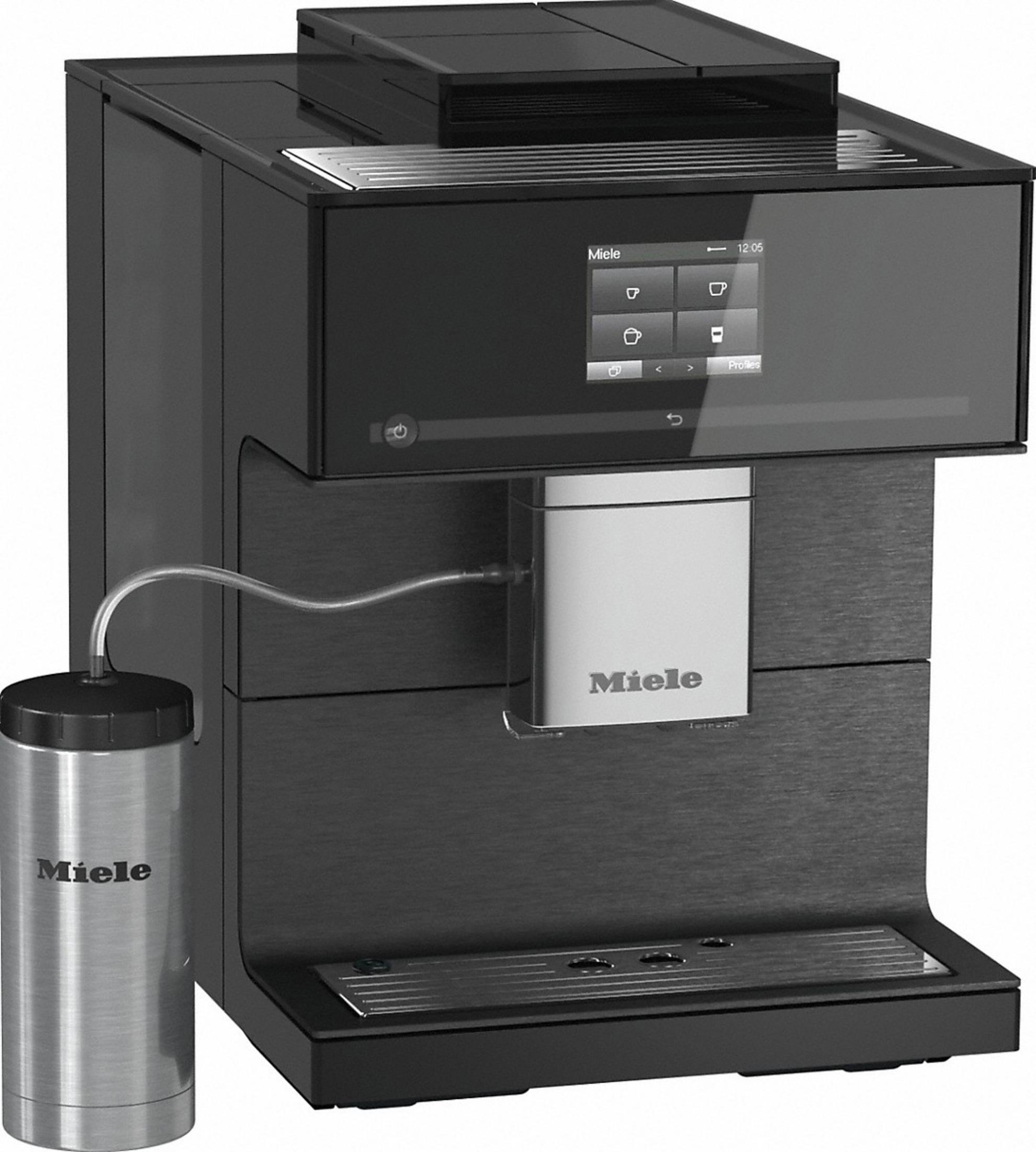 Eine schwarze Miele Kaffeemaschine mit einer silbernen Karaffe und digitalem Display.