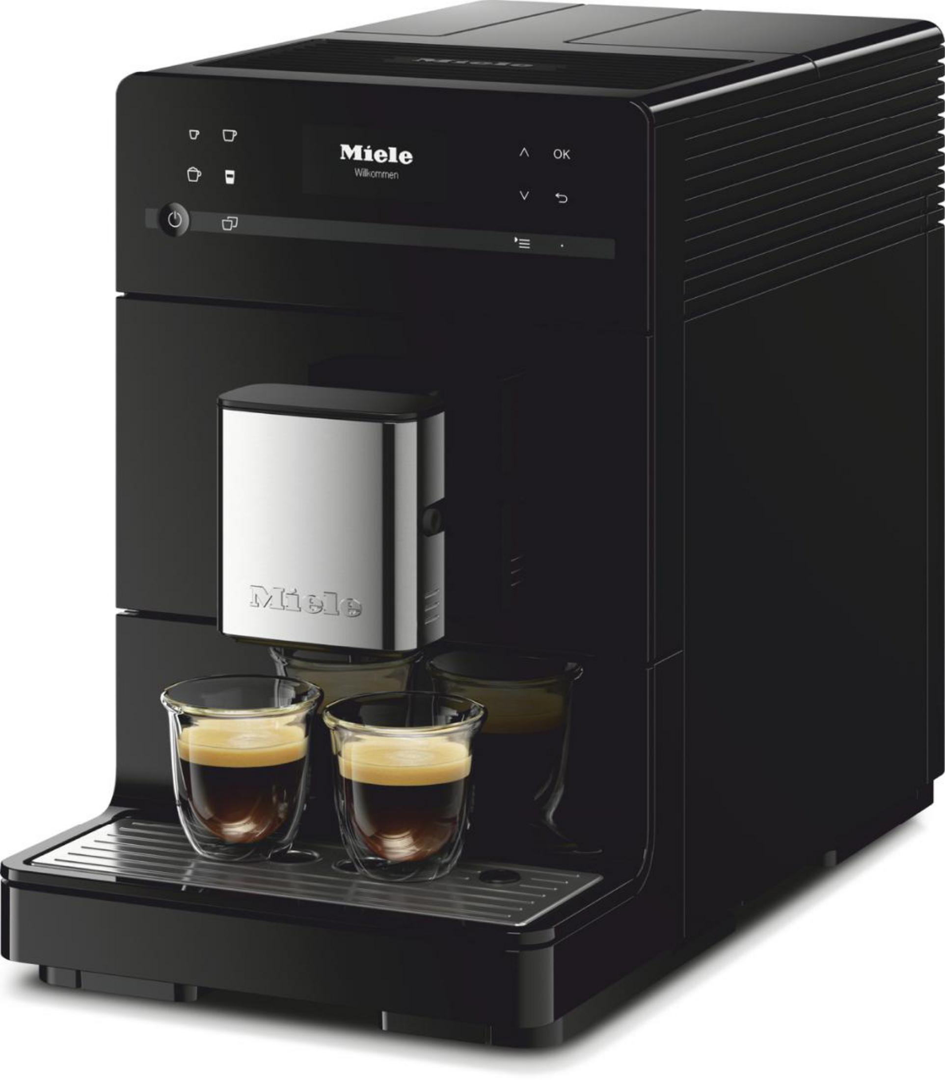 Schwarze Kaffeemaschine mit zwei Glasbechern Kaffee. Die Marke ist Miele.