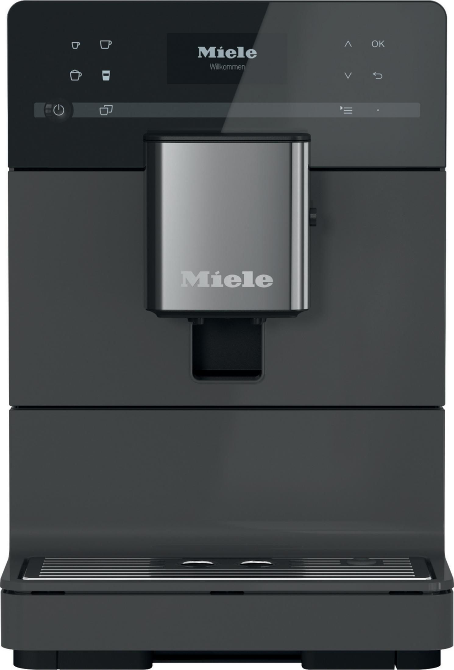 Eine schwarze Miele Kaffeemaschine mit dem Miele-Logo in der Mitte. Sie hat einen Touchscreen.