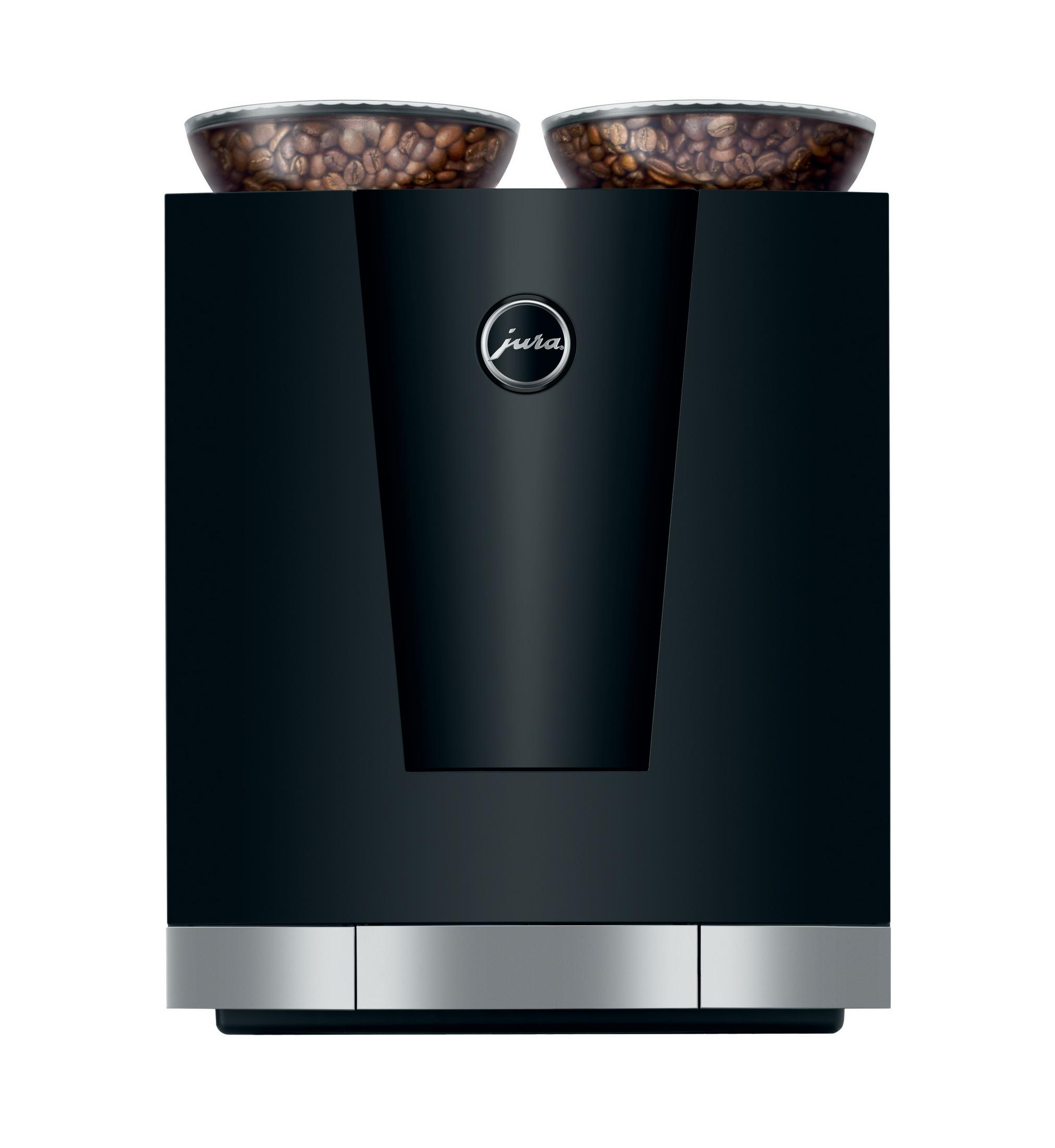 Eine schwarze Jura-Kaffeemaschine mit zwei Bohnenbehältern und silberner Zierleiste.