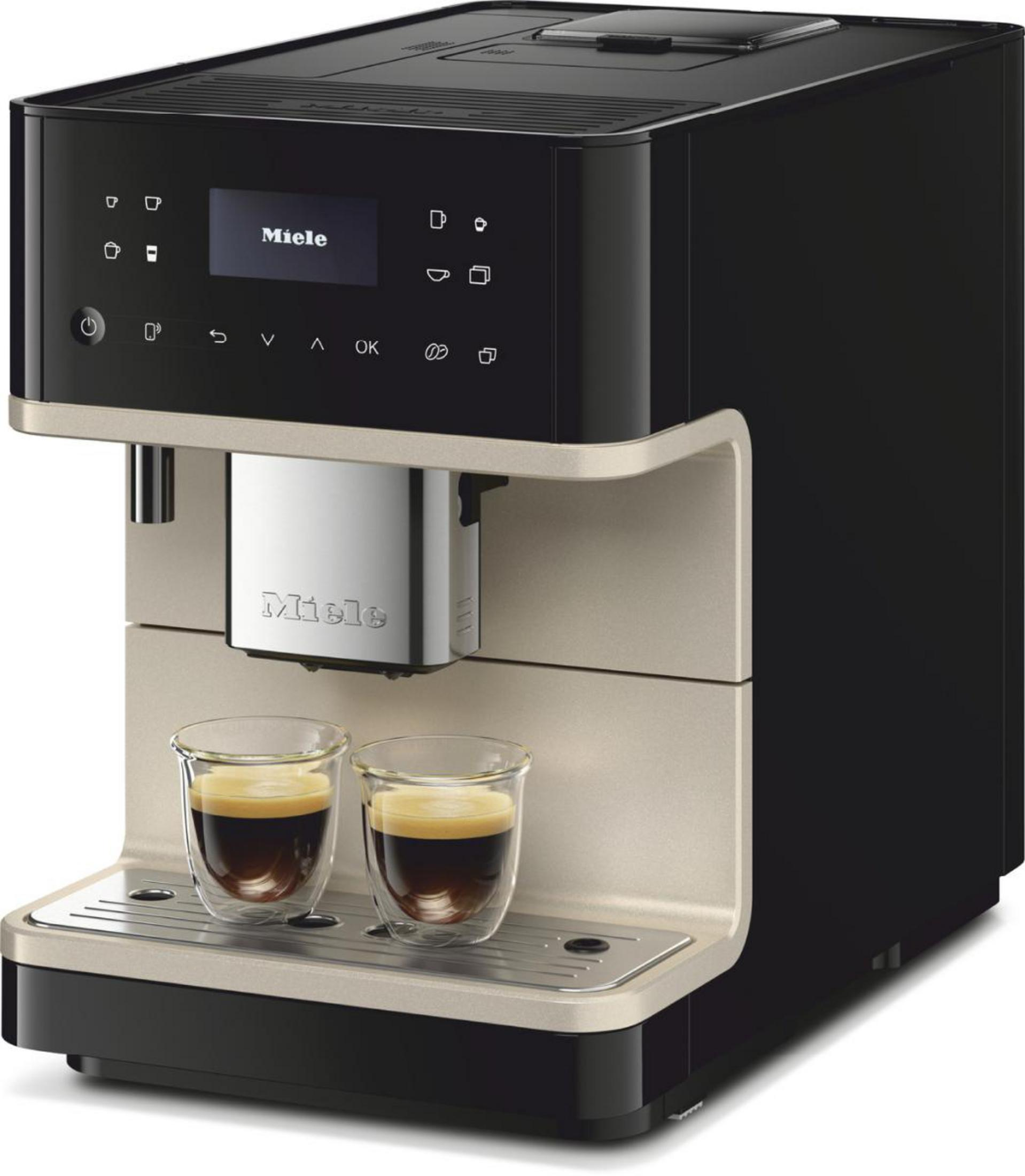 Miele Kaffeemaschine mit zwei Gläsern Espresso. Schwarz-Beige Design.