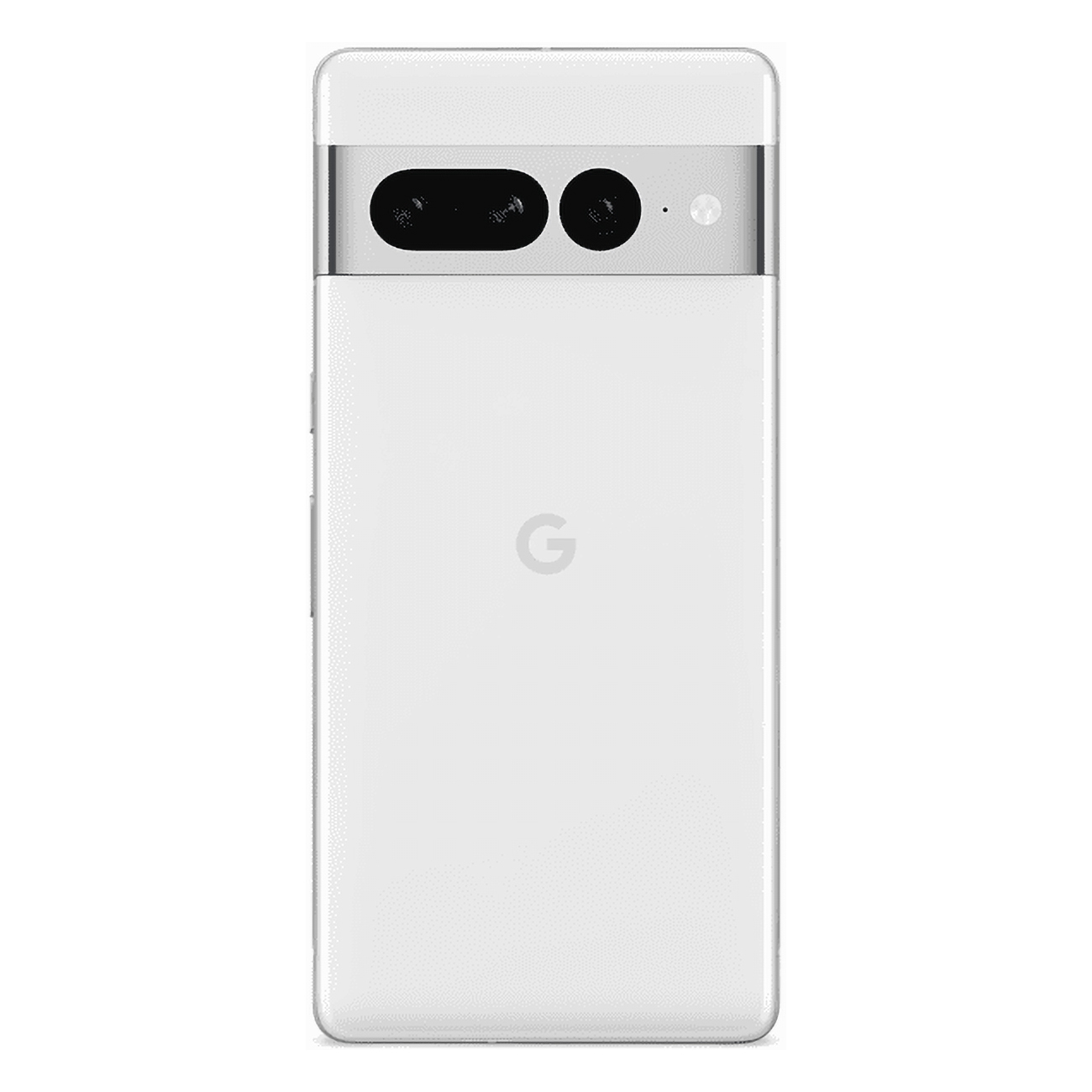 Biały telefon Google Pixel 7, widok z tyłu, pokazujący pasek aparatu i logo G.