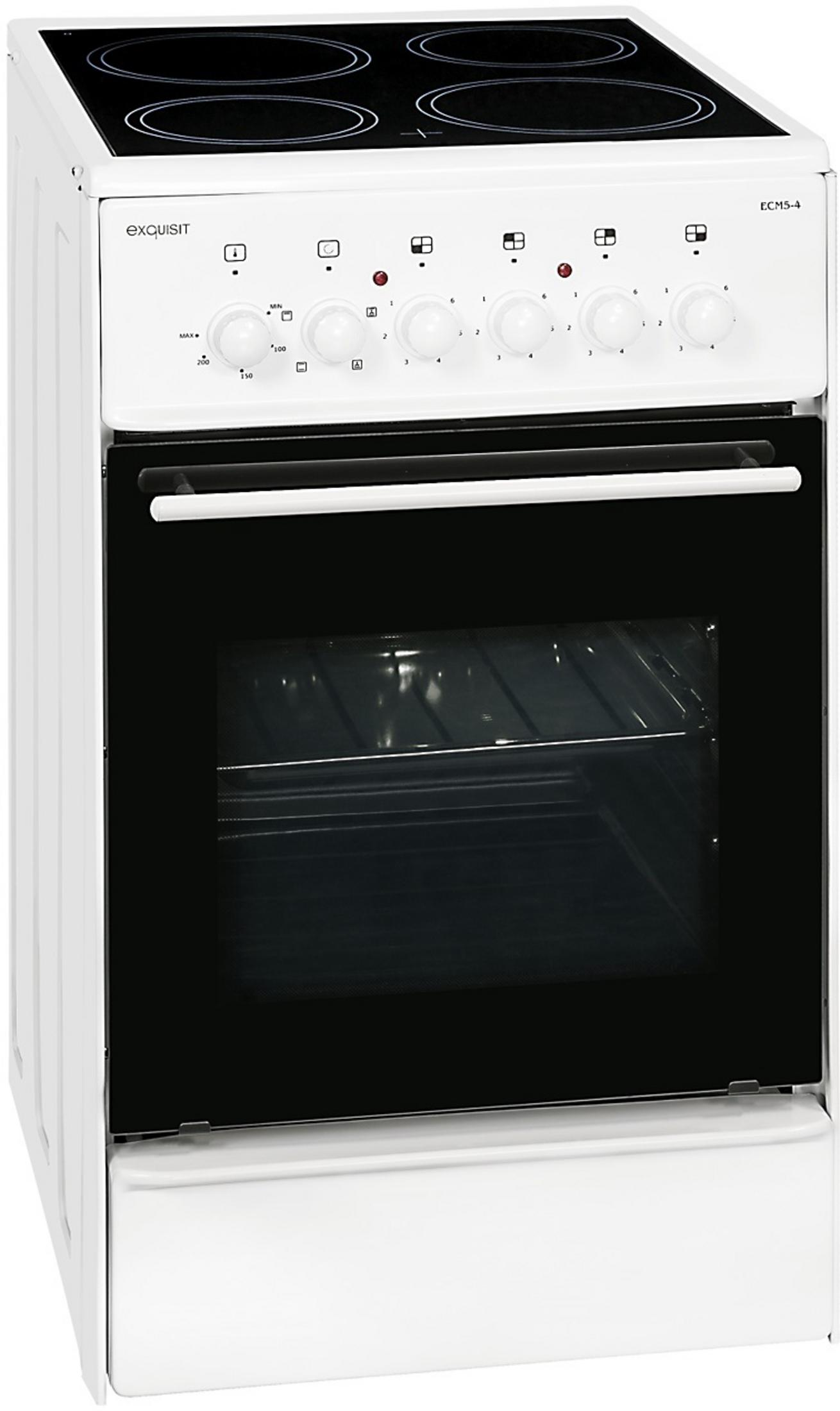 Ein weißer Elektroherd mit vier Kochfeldern und einem Backofen darunter. Das Bedienfeld ist oben.