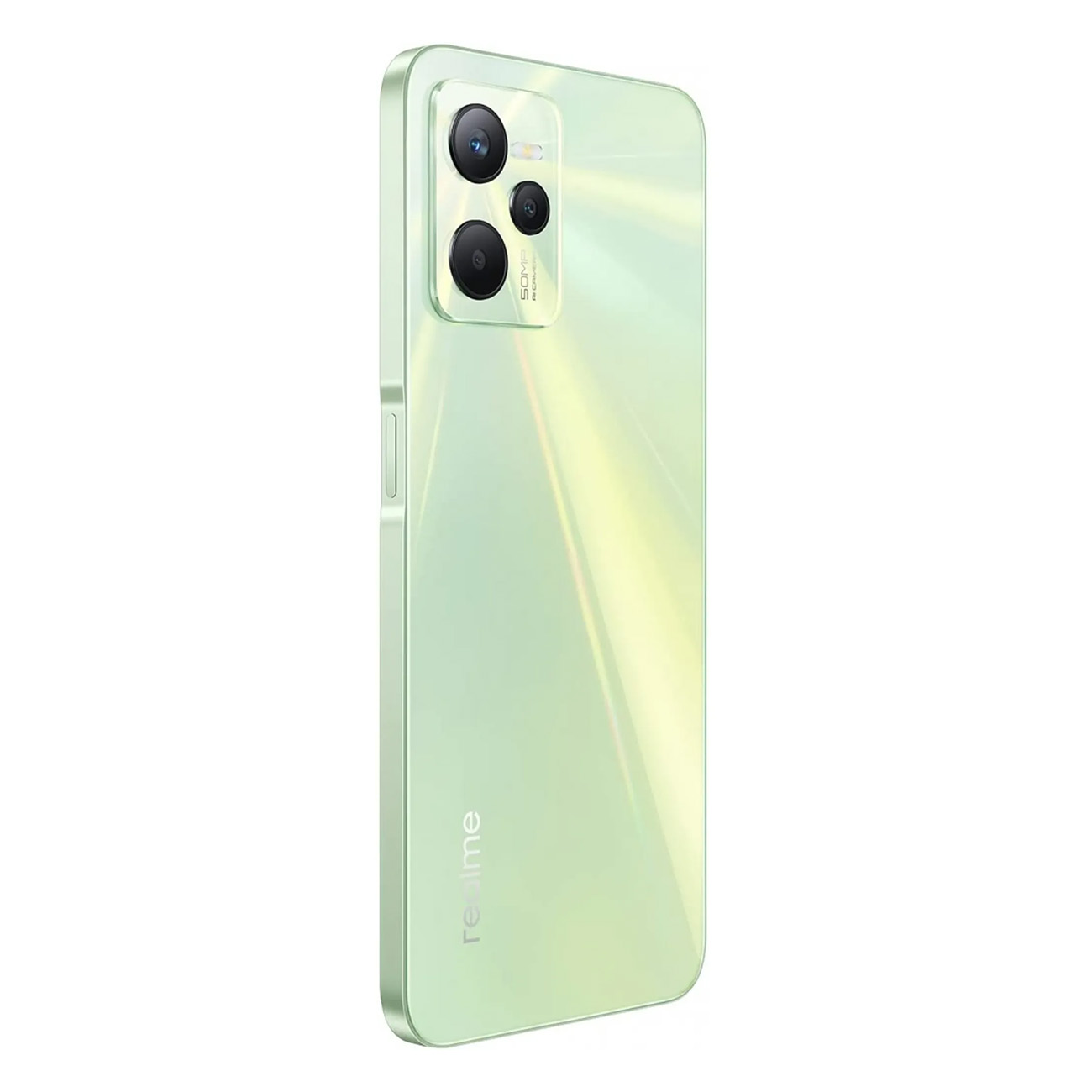 Teléfono Realme verde sobre fondo blanco, inclinado para mostrar el lado.