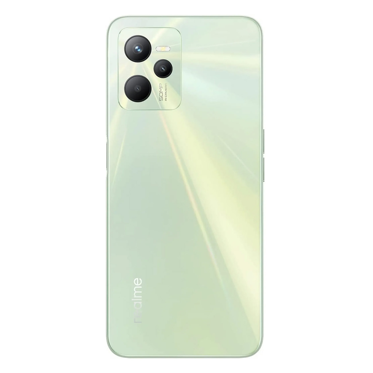 Smartphone verde con tres cámaras traseras y logotipo realme en la parte trasera.