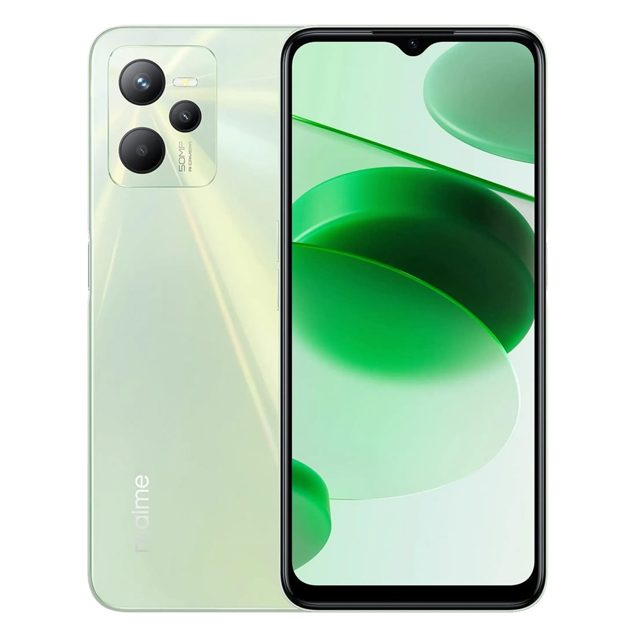 Smartphone verde con configuración de triple cámara trasera y pantalla encendida.