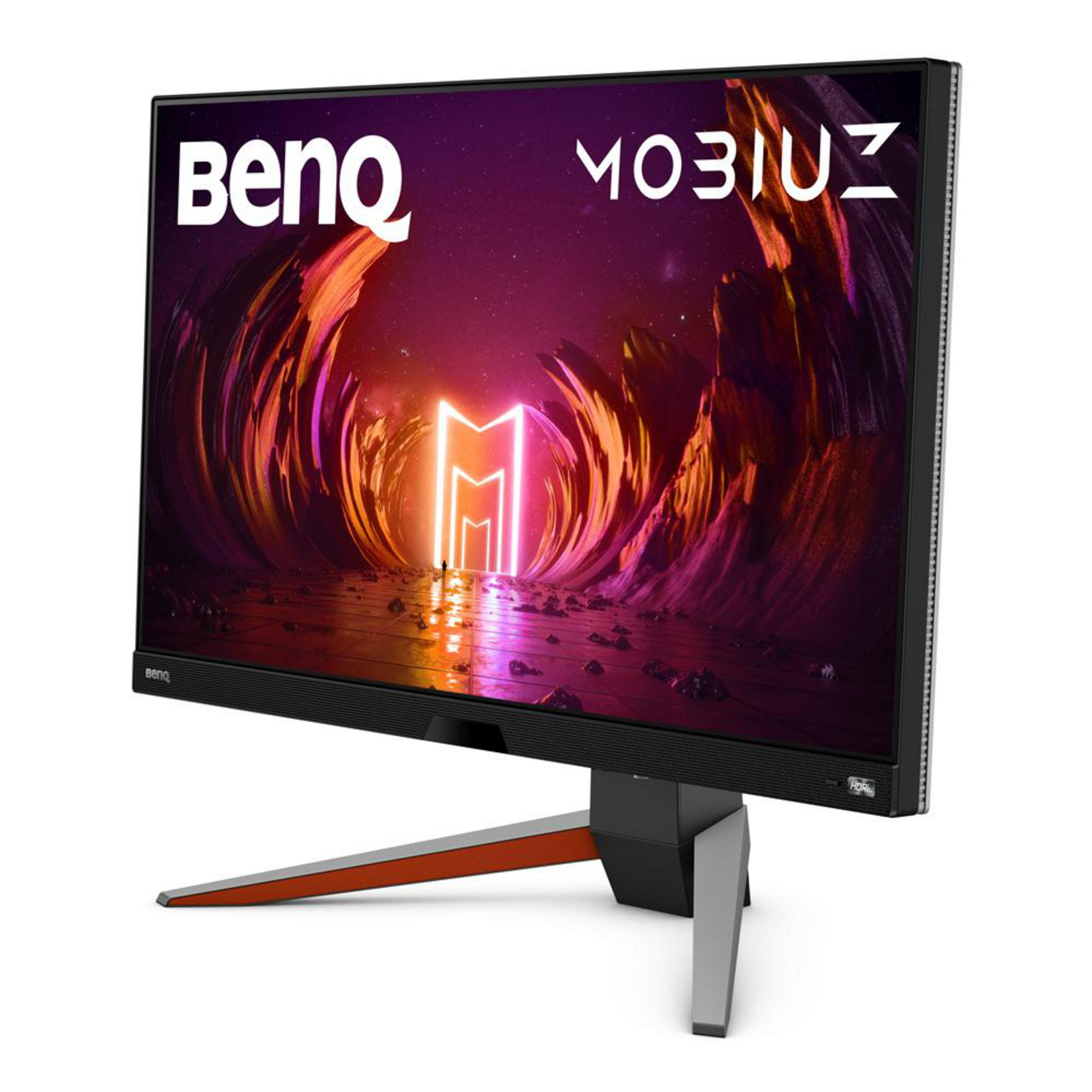 Monitor gamingowy BenQ MOBIUZ, pod kątem. Ekran wyświetla kolorowy, abstrakcyjny obraz. Stojak ma pomarańczowe akcenty.