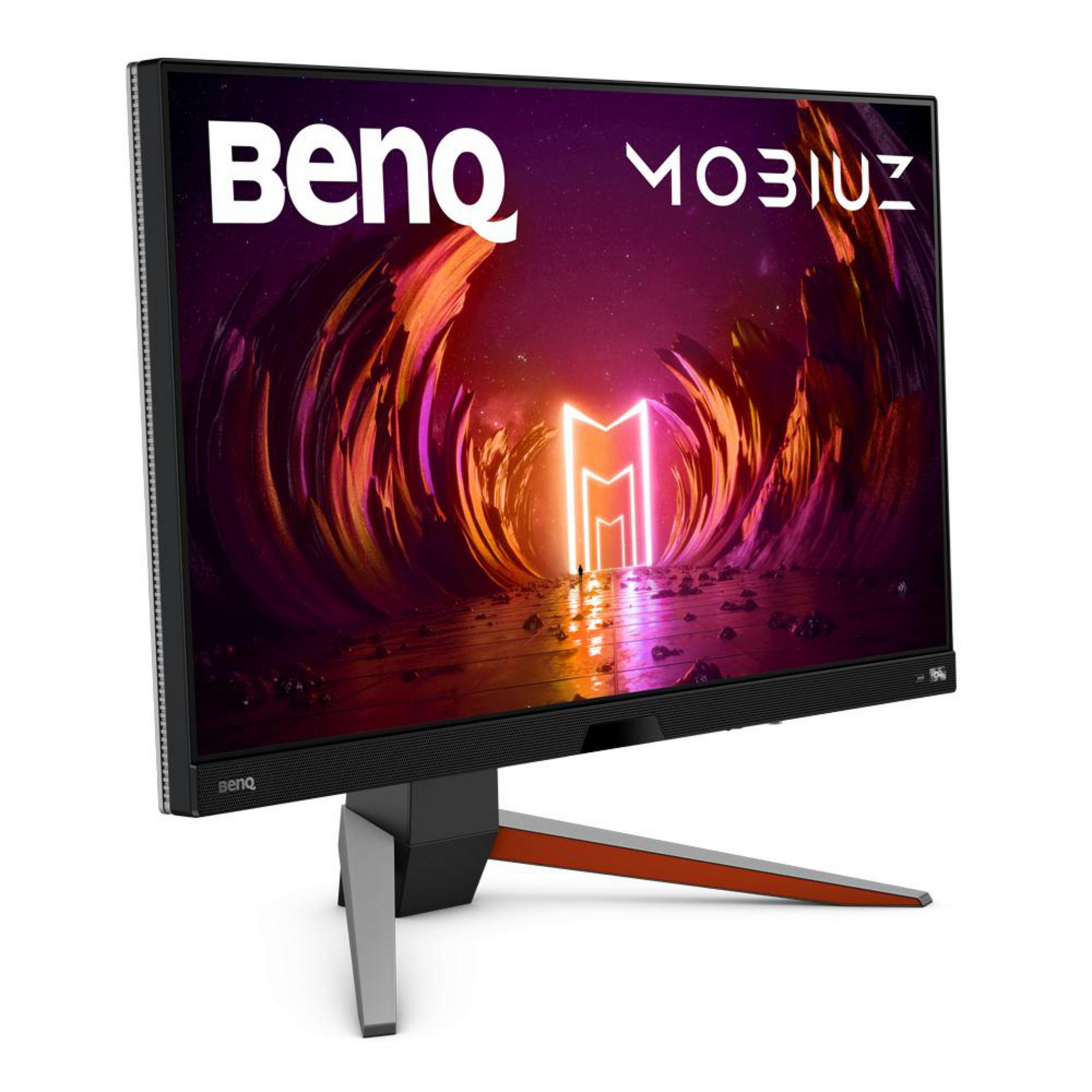 Monitor BenQ MOBIUZ. Czarna ramka, pomarańczowa podstawa i kolorowy wyświetlacz.