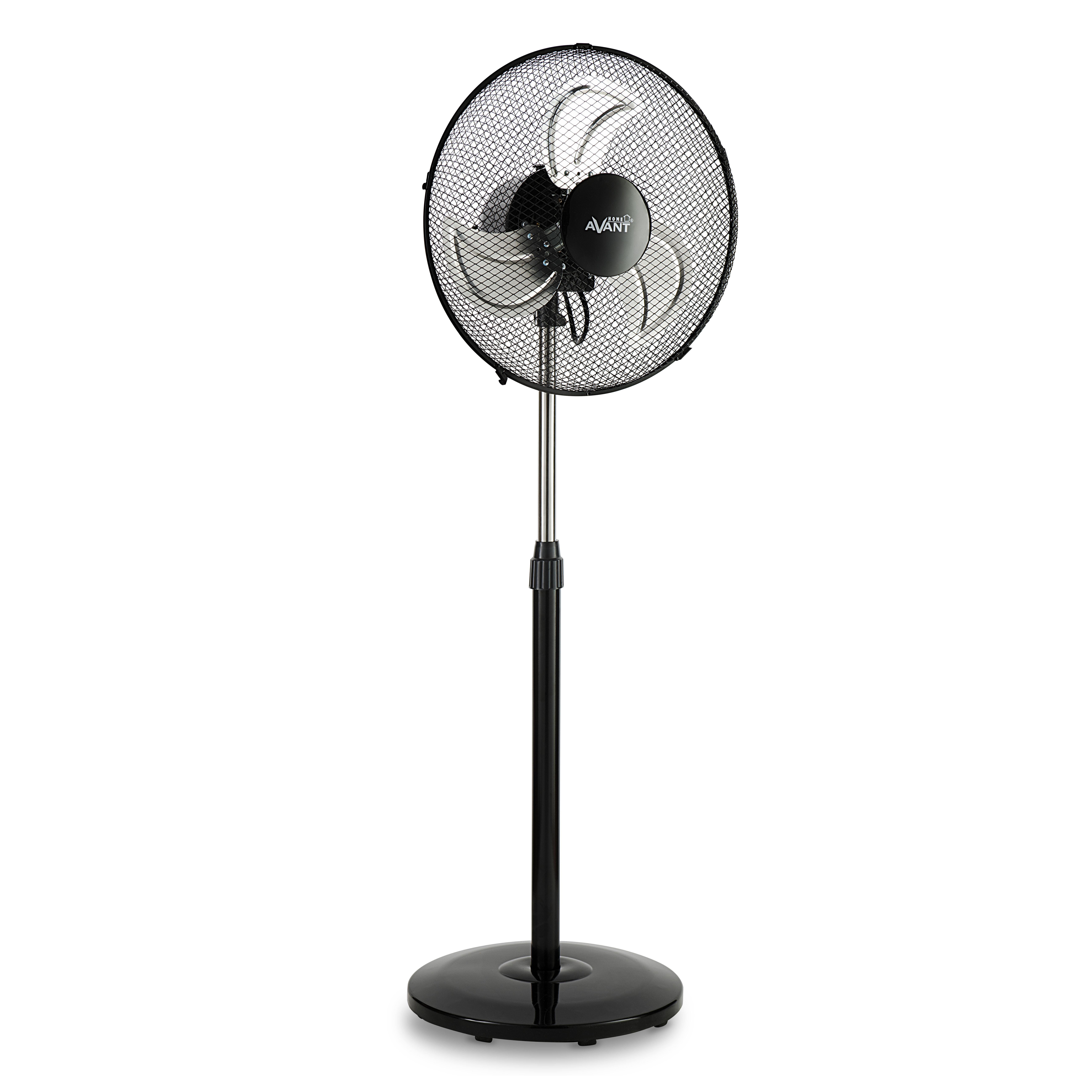 Ventilador de pie negro con base redonda negra y cabezal de malla. Poste plateado.