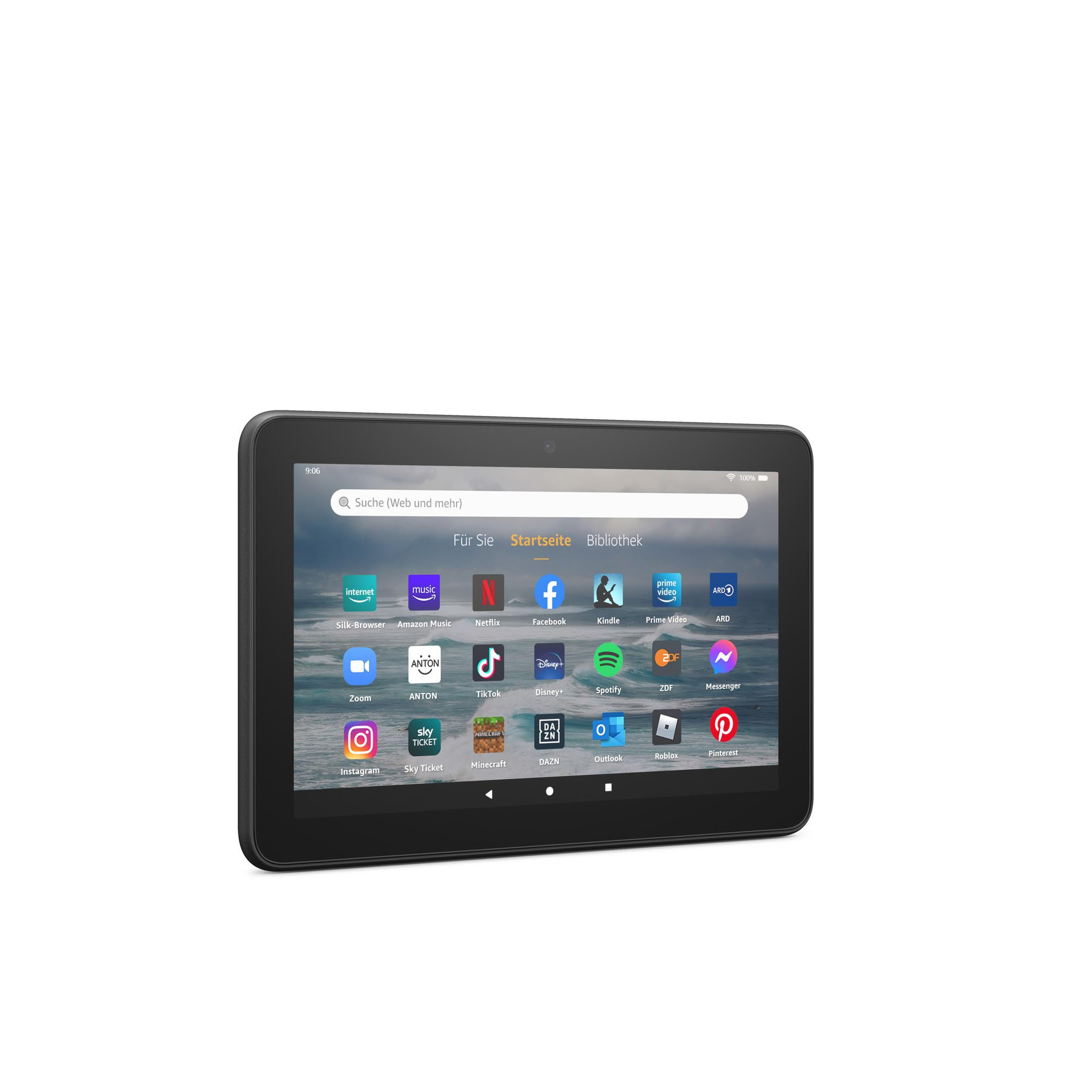 Tablet nero con app sullo schermo. Lo schermo mostra una barra di ricerca e icone di app.