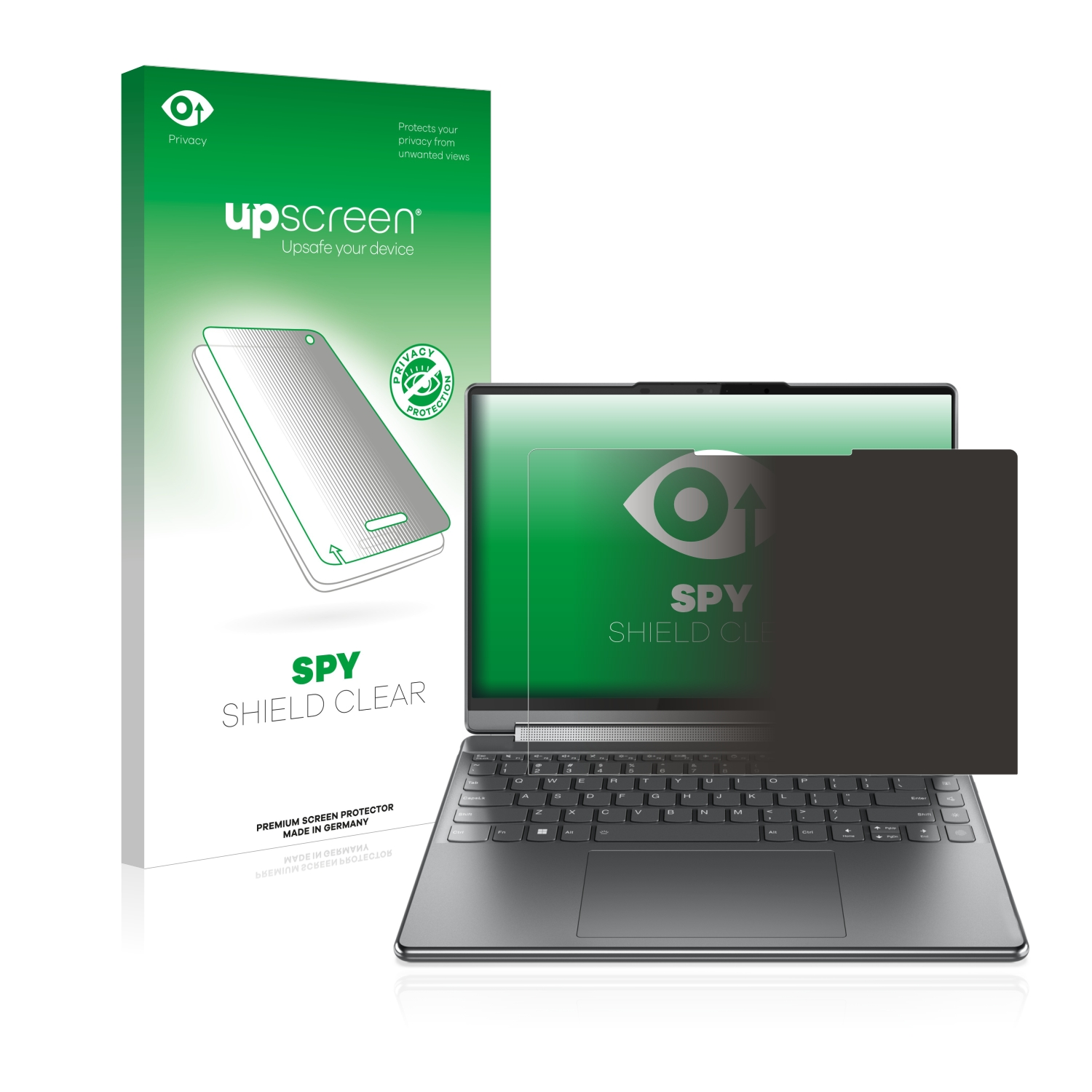Displayschutzfolien-Verpackung und ein Laptop. Der Schutz ist auf dem Laptop-Bildschirm platziert.