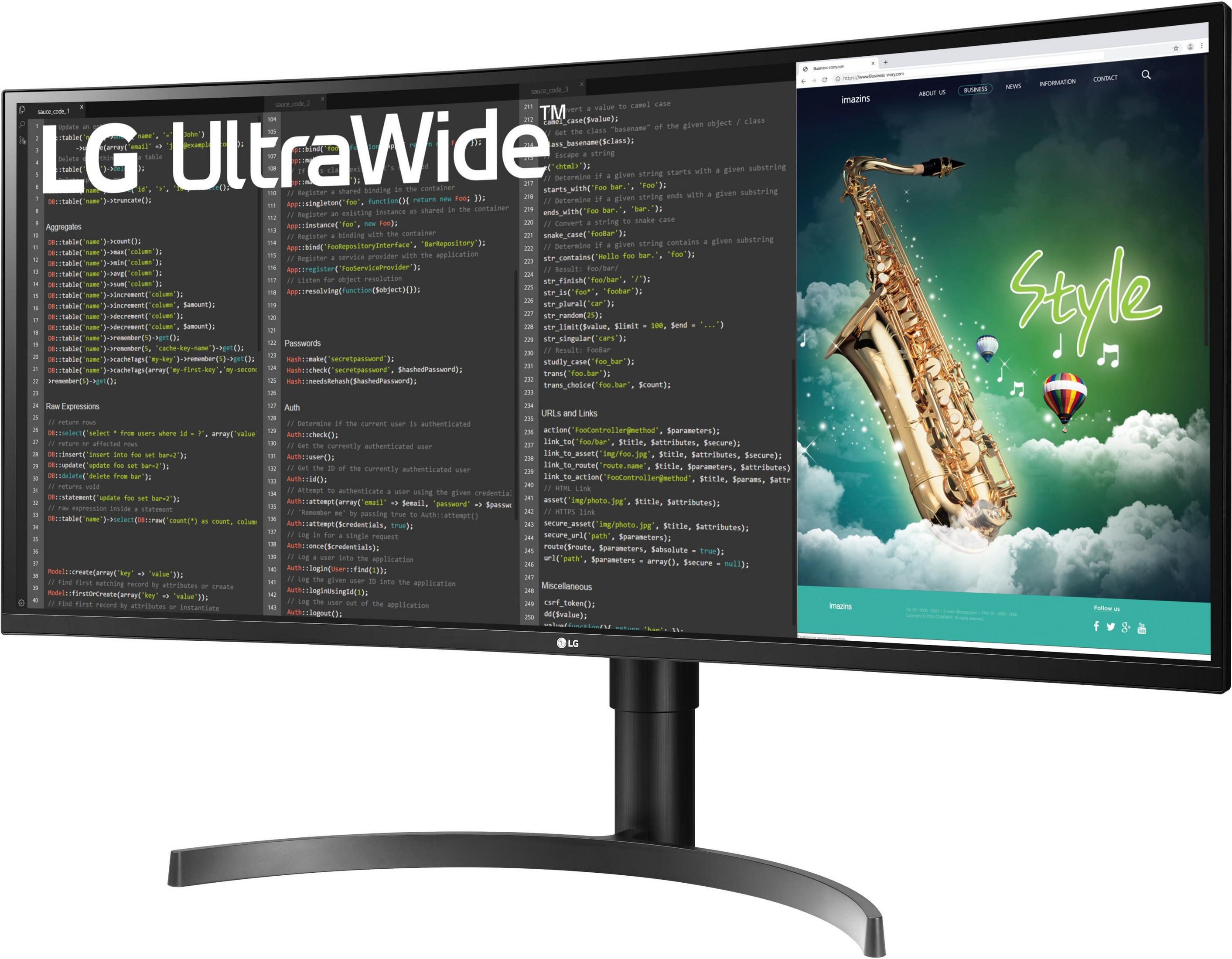 Monitor LG UltraWide wyświetlający kod i stronę internetową z grafiką saksofonu.