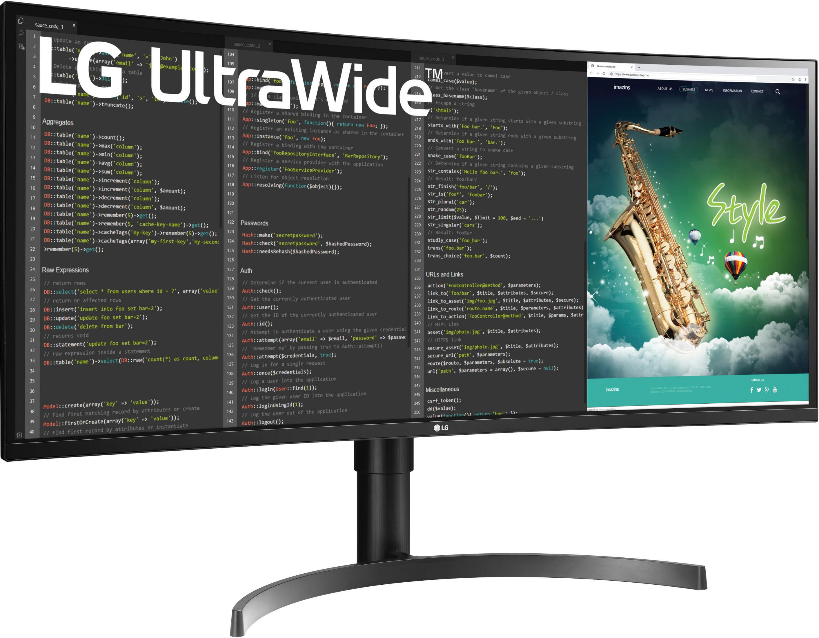 Monitor LG UltraWide wyświetlający kodowanie, saksofon i zawartość strony internetowej.