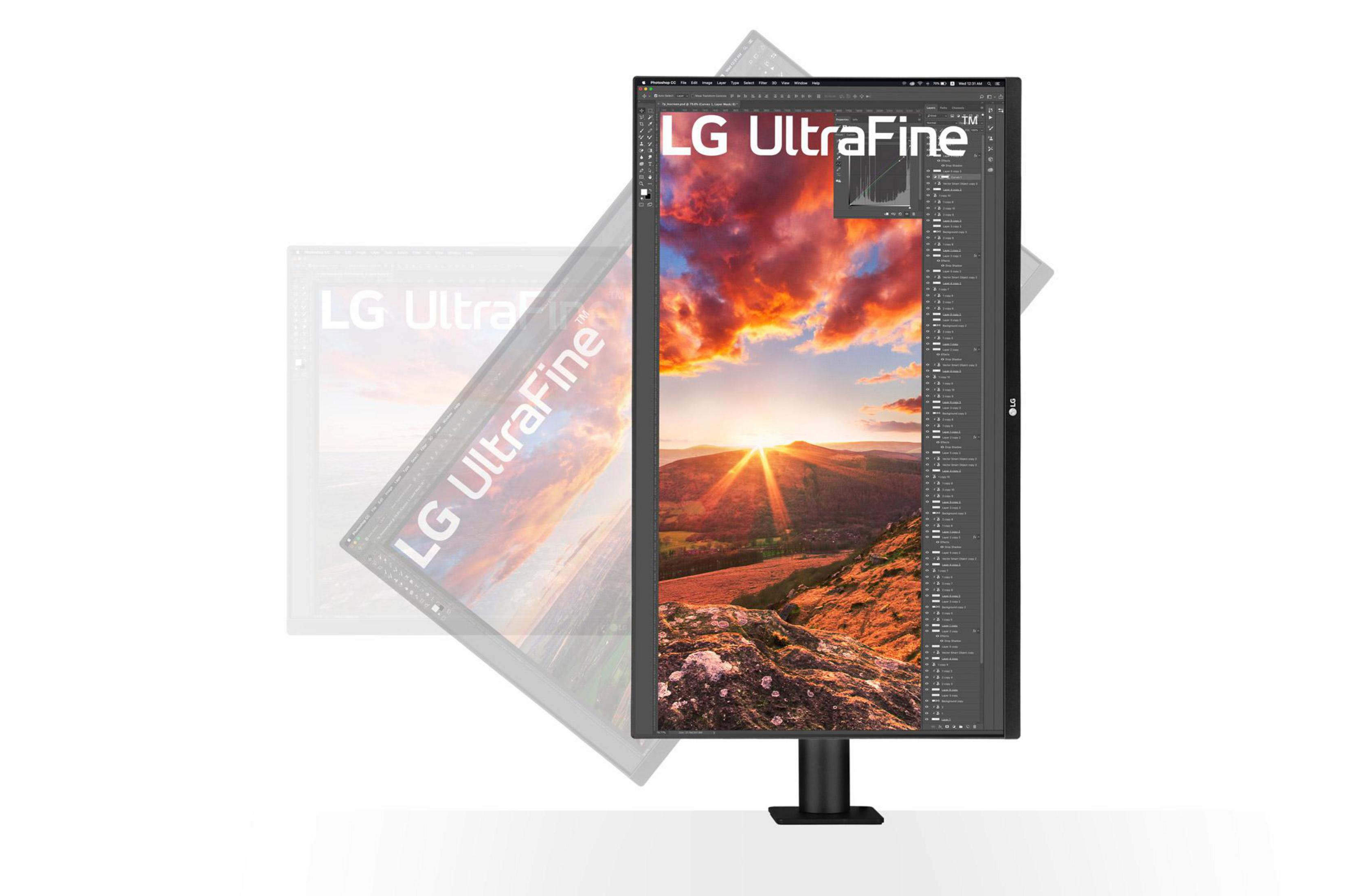Monitor LG UltraFine in orientamento verticale, che mostra un'interfaccia di editing immagini.