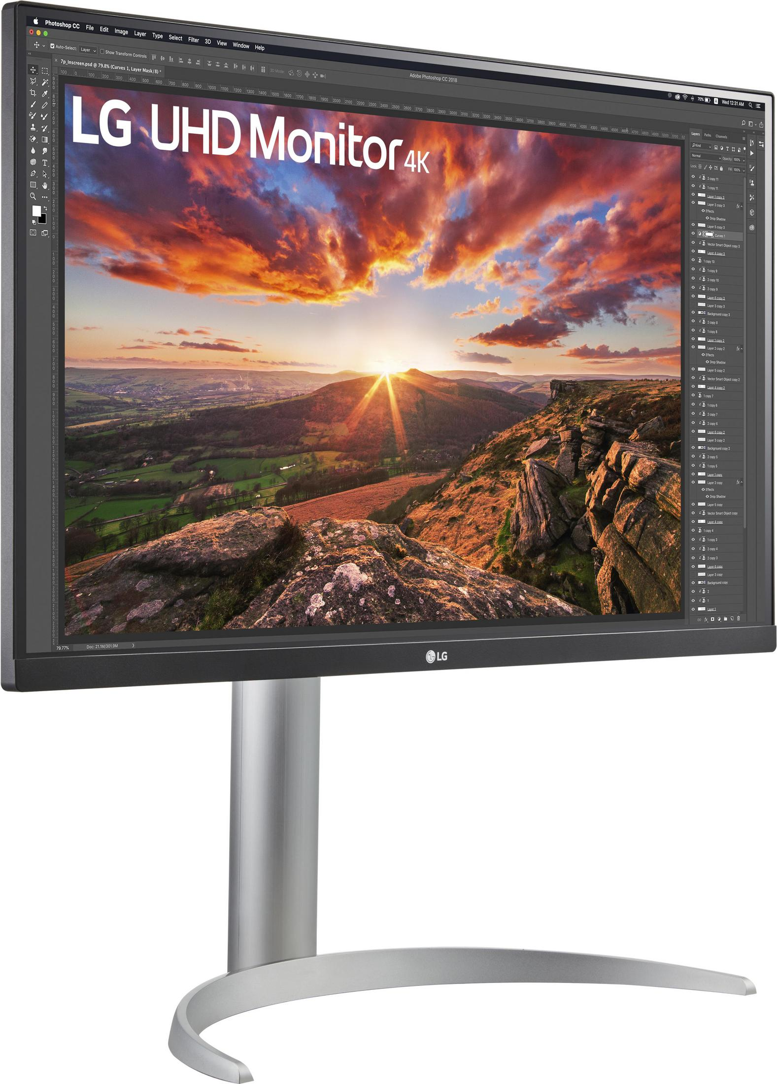 Un monitor LG UHD 4K con una vivace immagine di paesaggio.