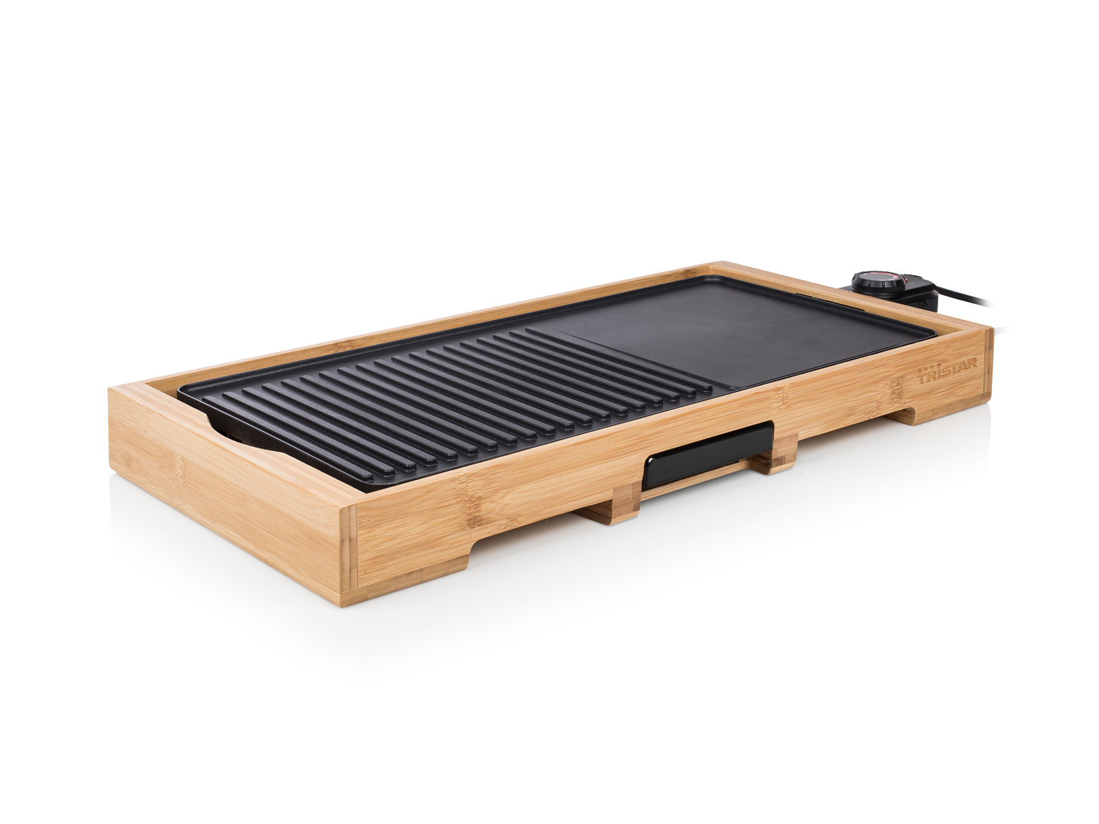 Tristar Elektrogrill, Bambusbasis, schwarze Grillfläche.
