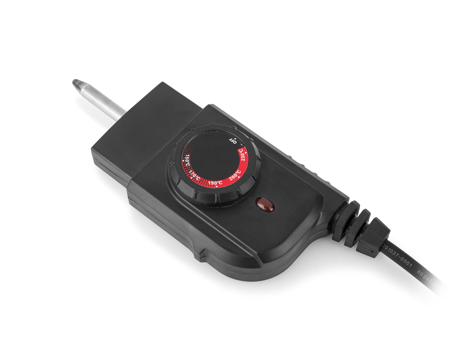 Schwarze Temperaturregelung für eine elektrische Fritteuse mit rotem Licht und Netzkabel.