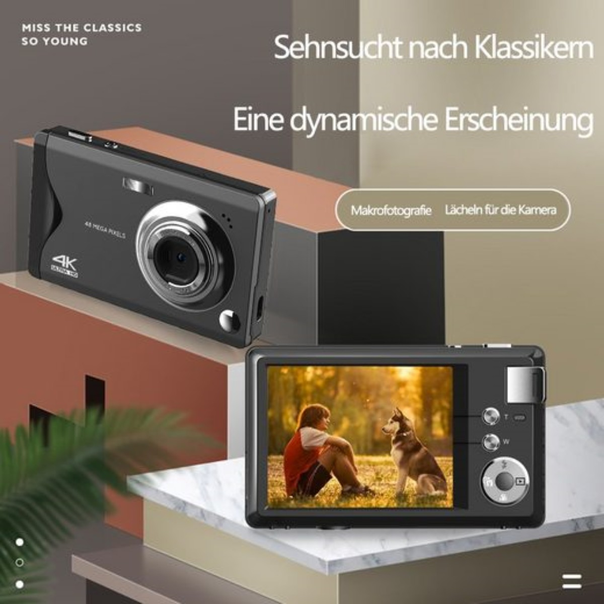 Zwei schwarze Digitalkameras werden gezeigt. Eine zeigt ein Bild einer Person mit einem Hund auf einem Feld. Text wird angezeigt.