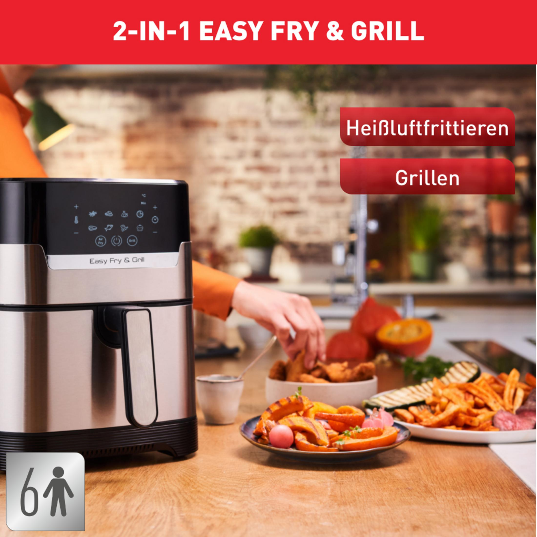 Frytownica powietrzna z jedzeniem, osoba kładzie jedzenie na stole. Tekst mówi 2-in-1 Easy Fry & Grill.