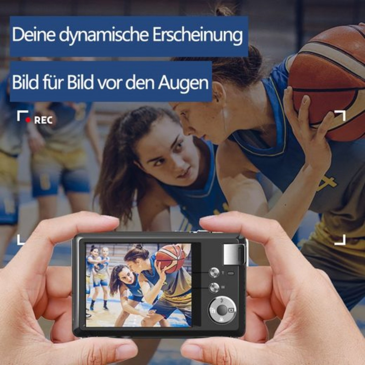 Person hält Kamera, zeigt Foto eines Basketballspiels, blaue Kleidung.