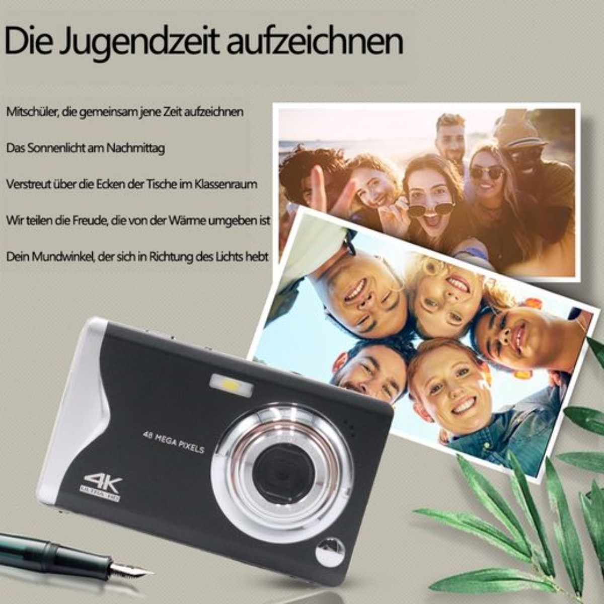 Eine Kamera mit einer Gruppe lächelnder Menschen im Hintergrund und andere Fotos.