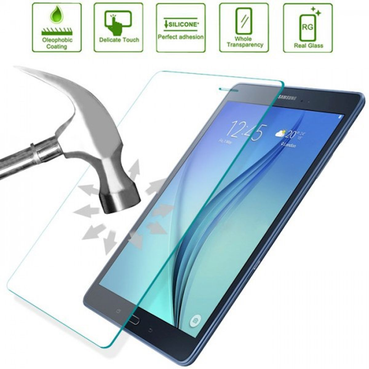 Tablet mit Displayschutzfolie, mit einem Hammer, der kurz davor steht, auf den Schutz zu schlagen.