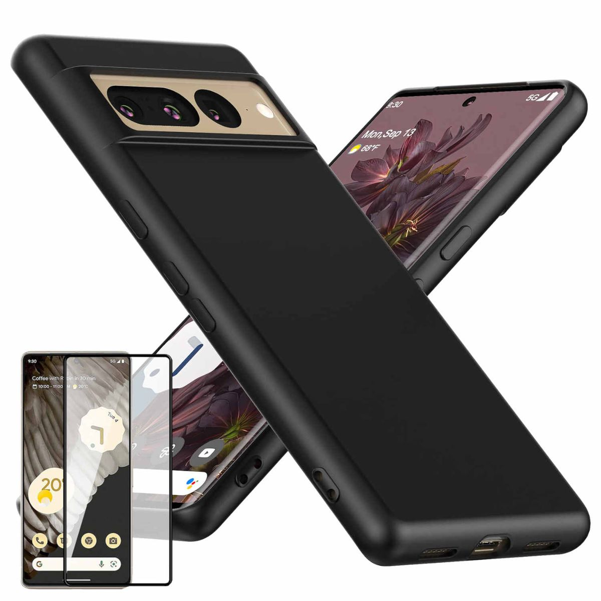 WIGENTO Produktset Silikon Panzer Google Handyhülle(für Curved + Glas Pixel Pro) Folie TPU Hülle 4D Hart dünn H9 7