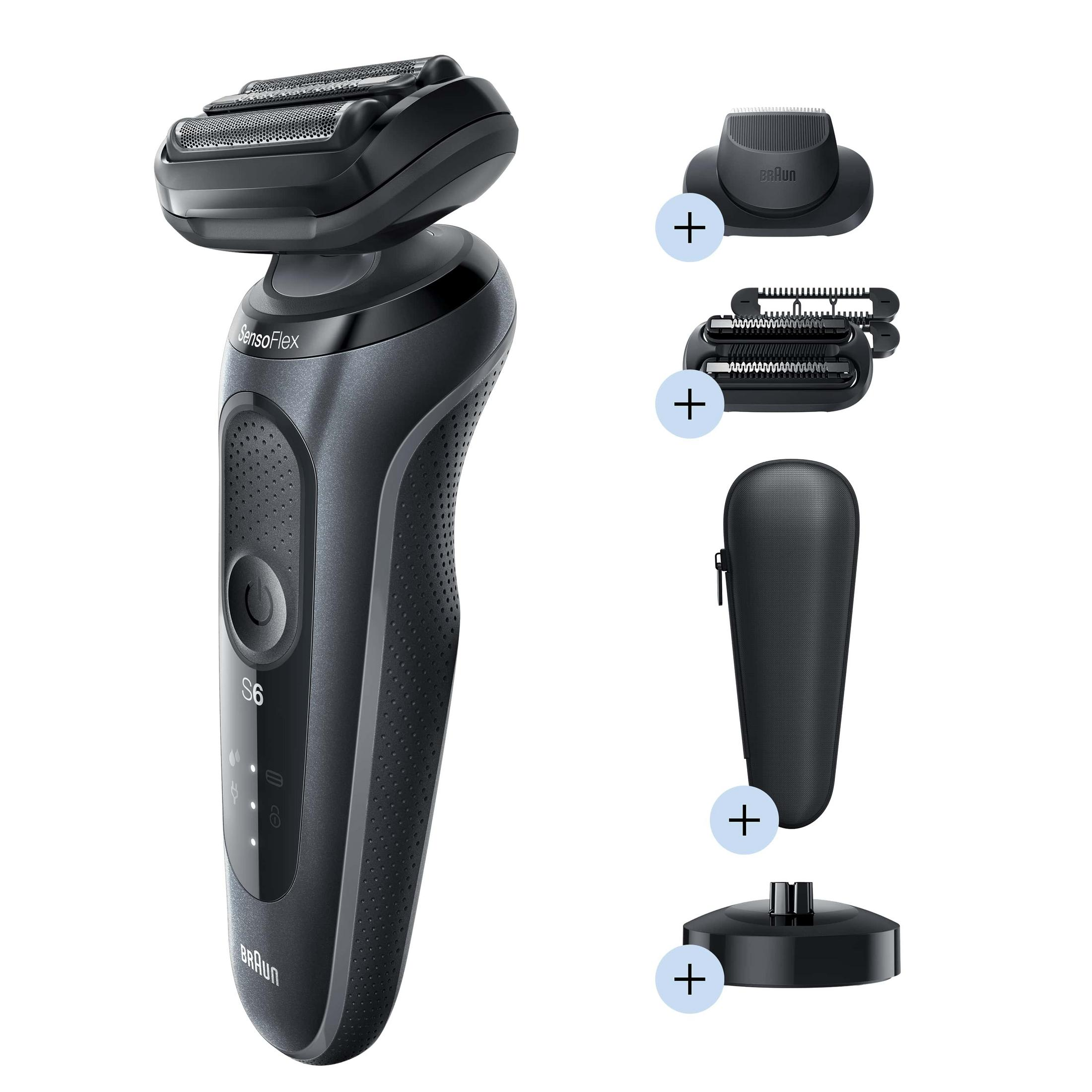 Black Braun electric shaver with multiple attachments, including a charging stand.