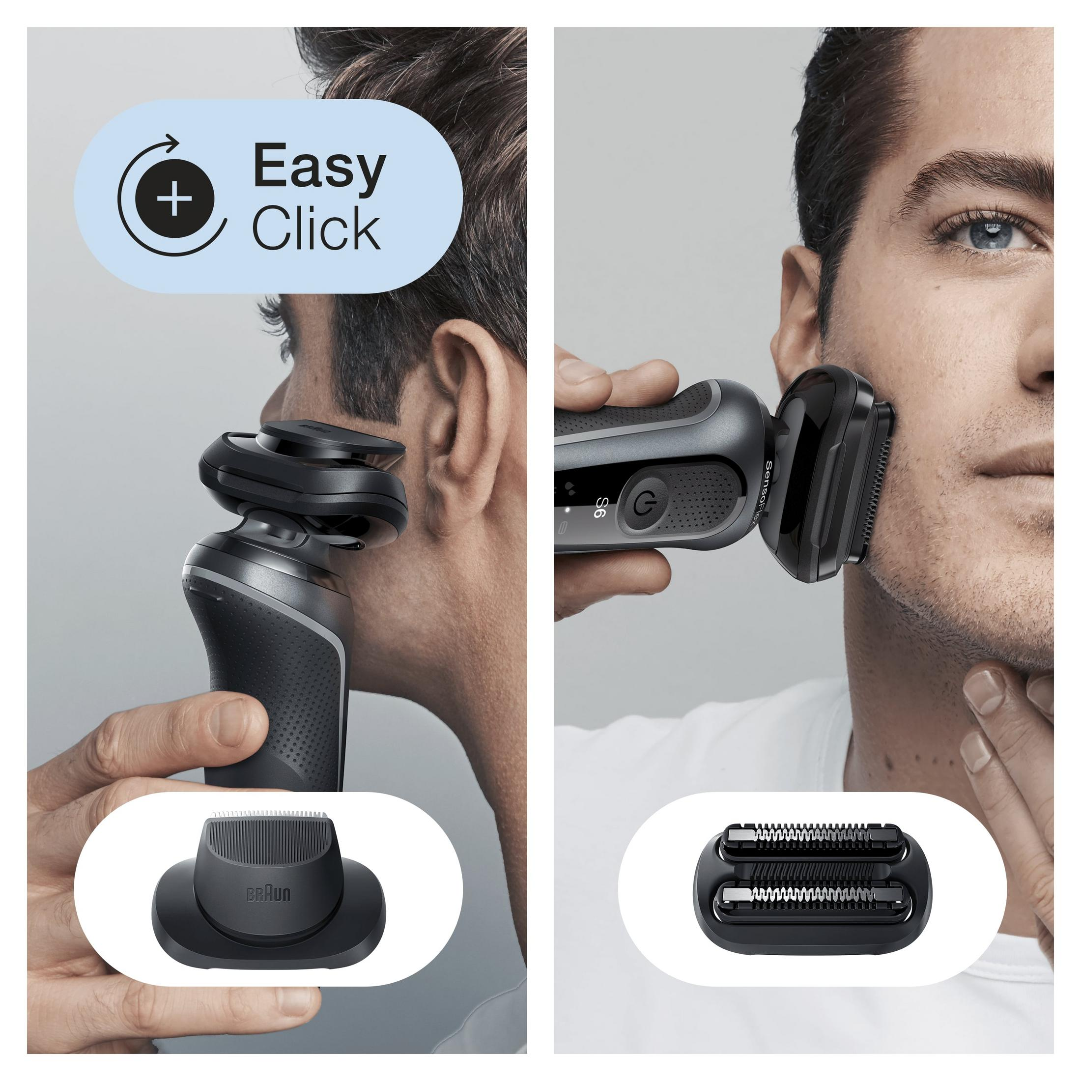Man shaving with a black and gray electric razor. Close-up of the razor head and a stand.