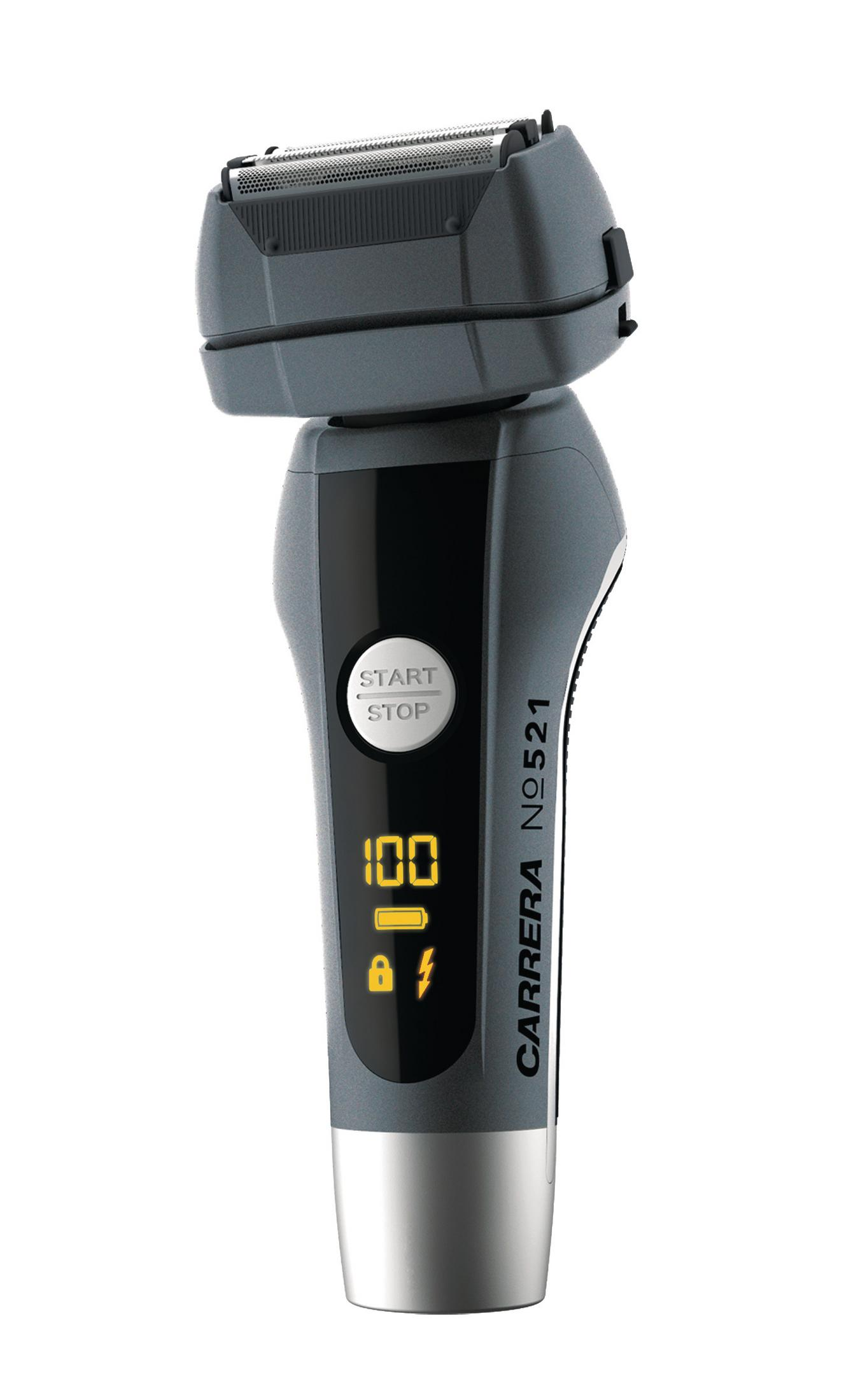 Een grijze elektrische scheerapparaat met digitaal display. Toont 100% batterij. De scheerapparaat heeft een start/stop knop.