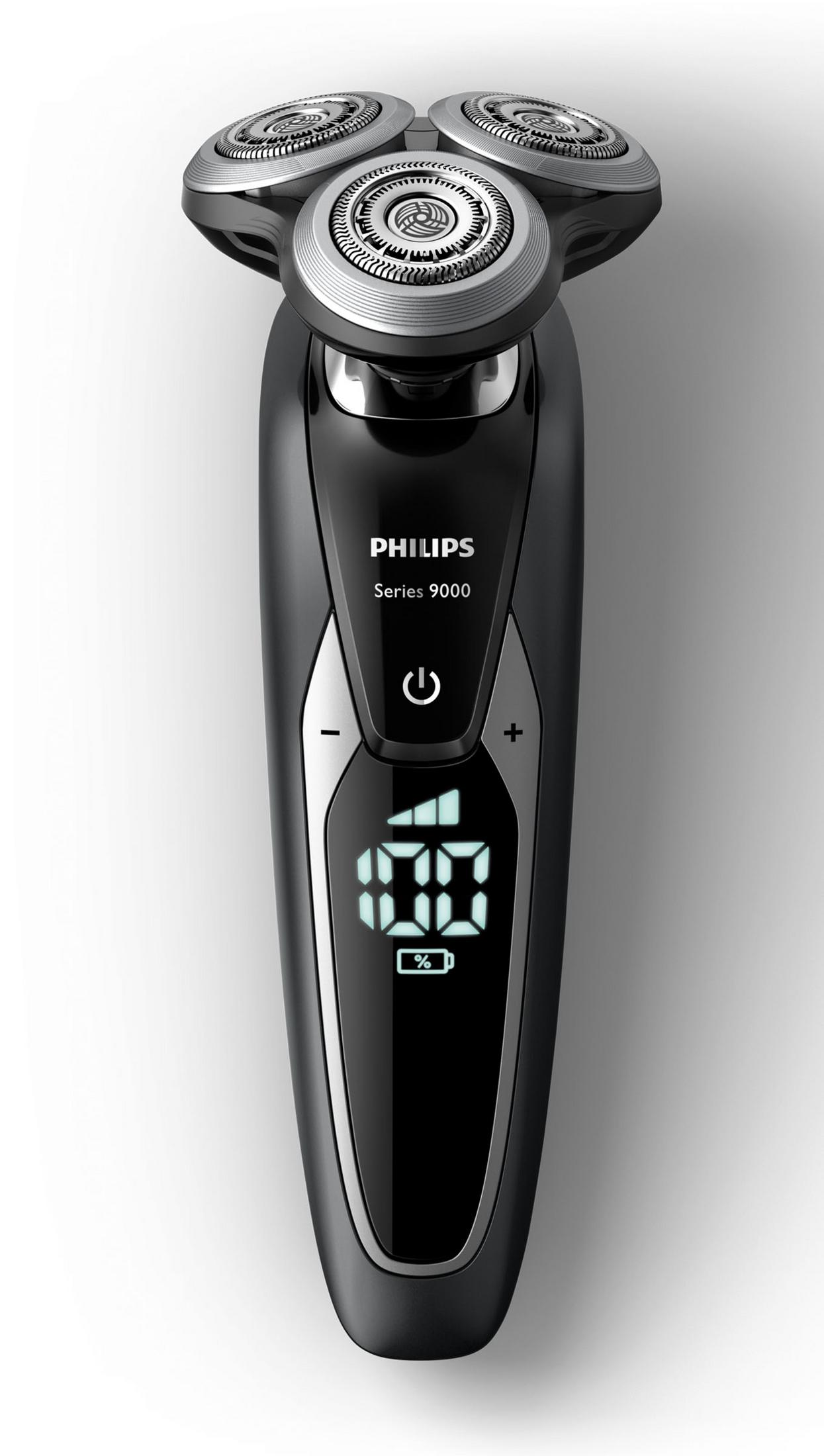 Dijital ekranlı, siyah ve gümüş renkli Philips Series 9000 elektrikli tıraş makinesi.