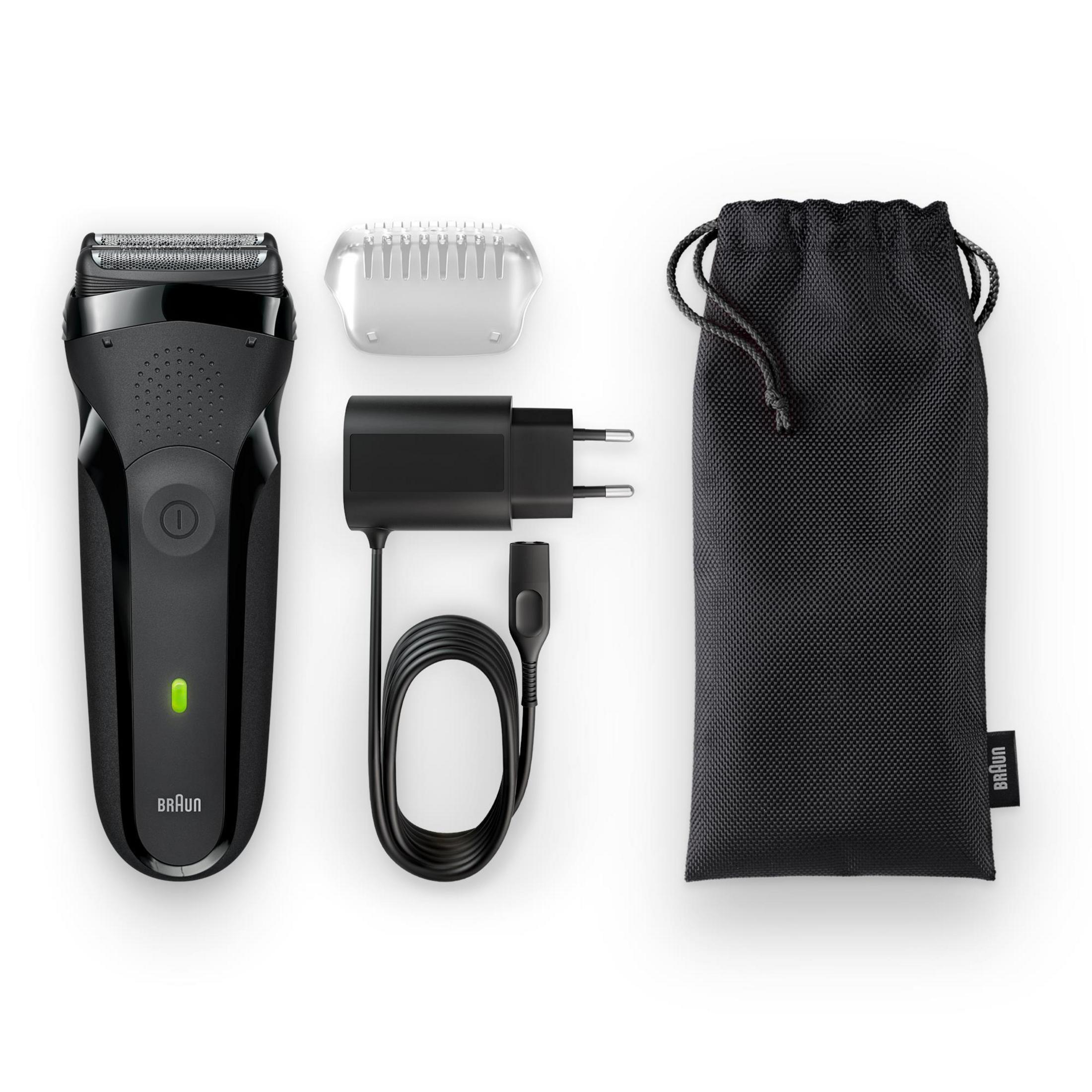 Golarka elektryczna z akcesoriami i torbą podróżną.