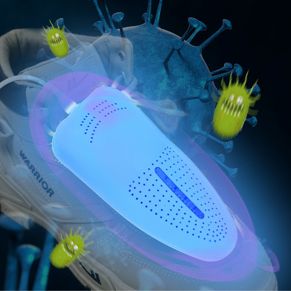 Schuh mit blauem UV-Sterilisator. Grüne Keime sind herum.
