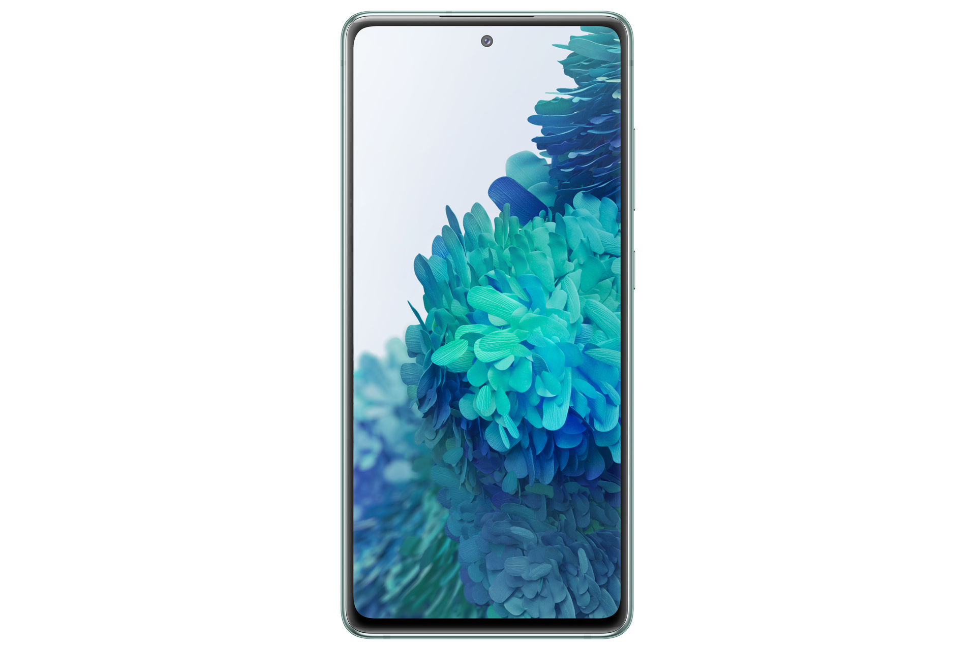 Ein hellgrünes Smartphone mit einem blauen und türkisfarbenen Hintergrundbild.