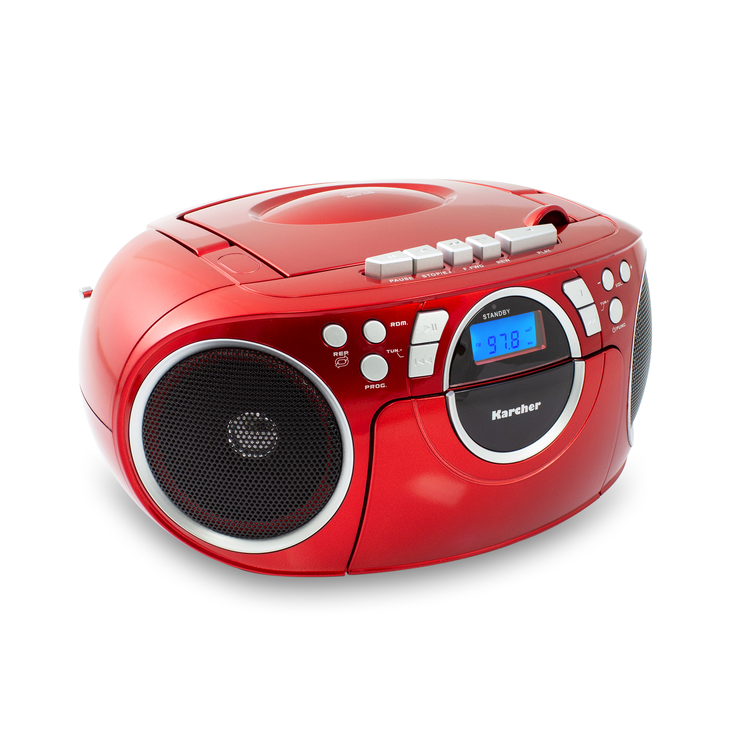 Rotes tragbares Radio mit Digitalanzeige. Verfügt über Knöpfe und Lautsprecher. Marke Karcher.