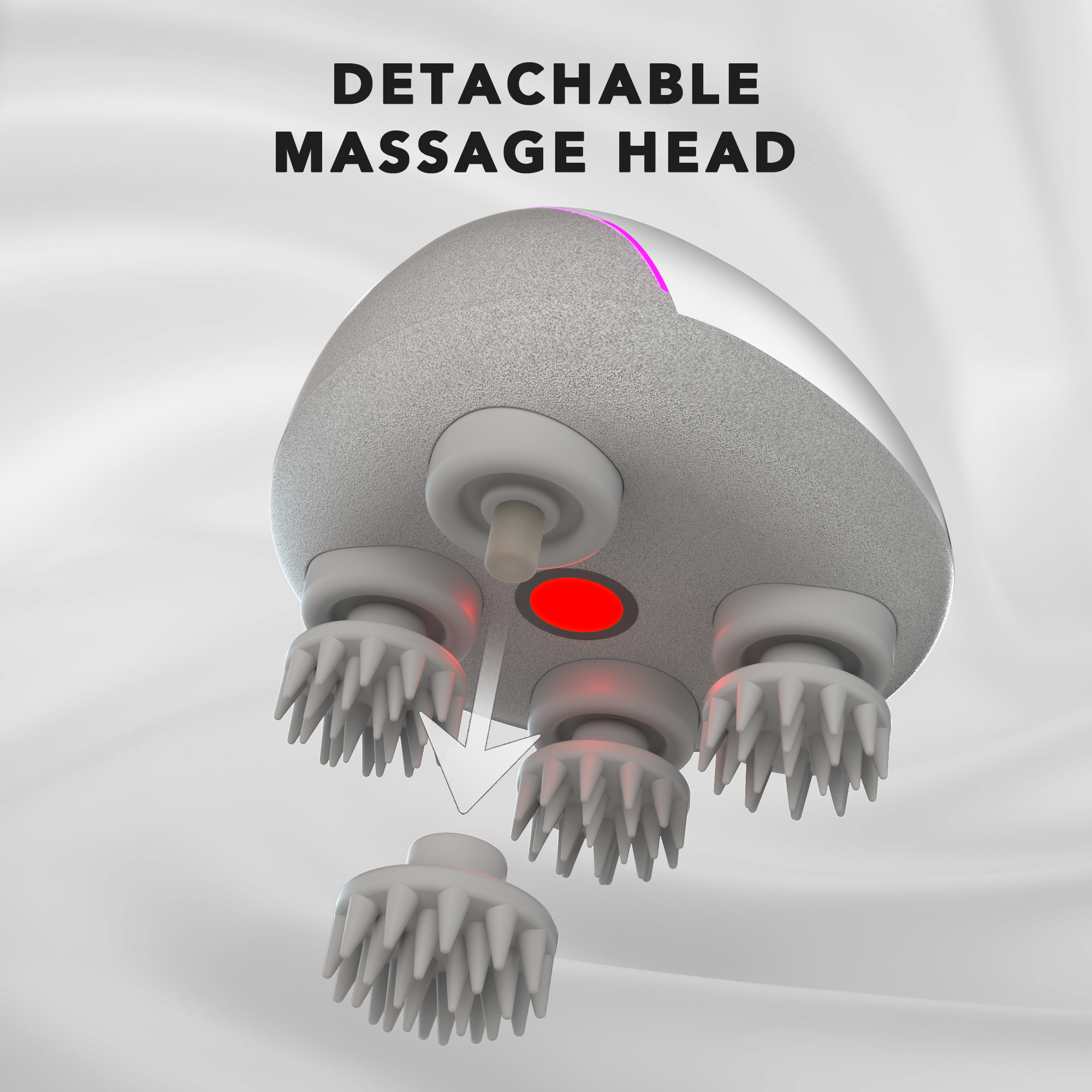 Massagekopf mit abnehmbarem Kopf. Der Massagekopf hat viele Borsten und ein rotes Licht.