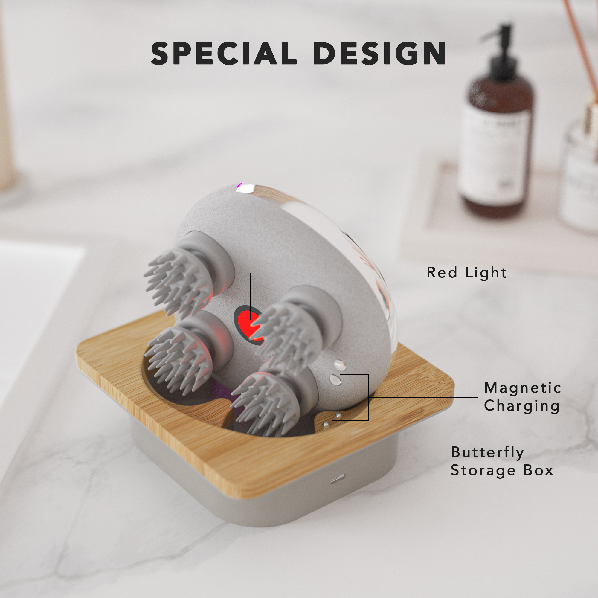 Massagegerät auf Bambus-Aufbewahrungsbox. Mit vier Massageköpfen, rotem Licht und magnetischem Laden.