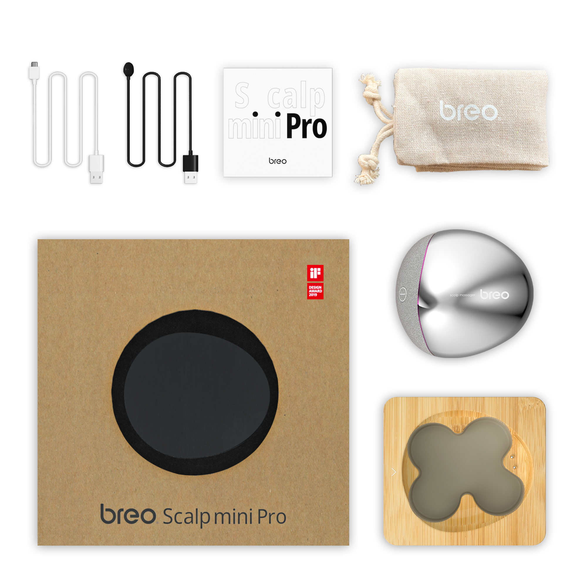 Breo Scalp Mini Pro Set mit Zubehör und Verpackung auf Weiß.