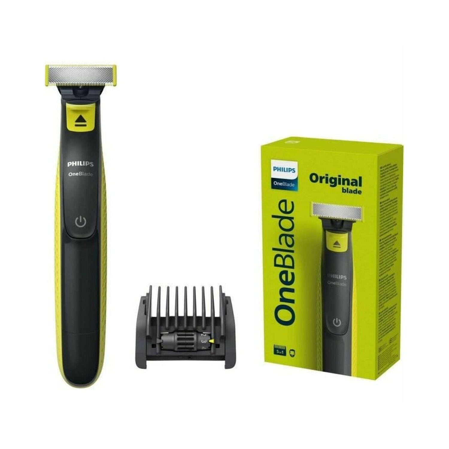 Ein Philips OneBlade Rasierer mit Trimmeraufsatz und seiner Verpackung.
