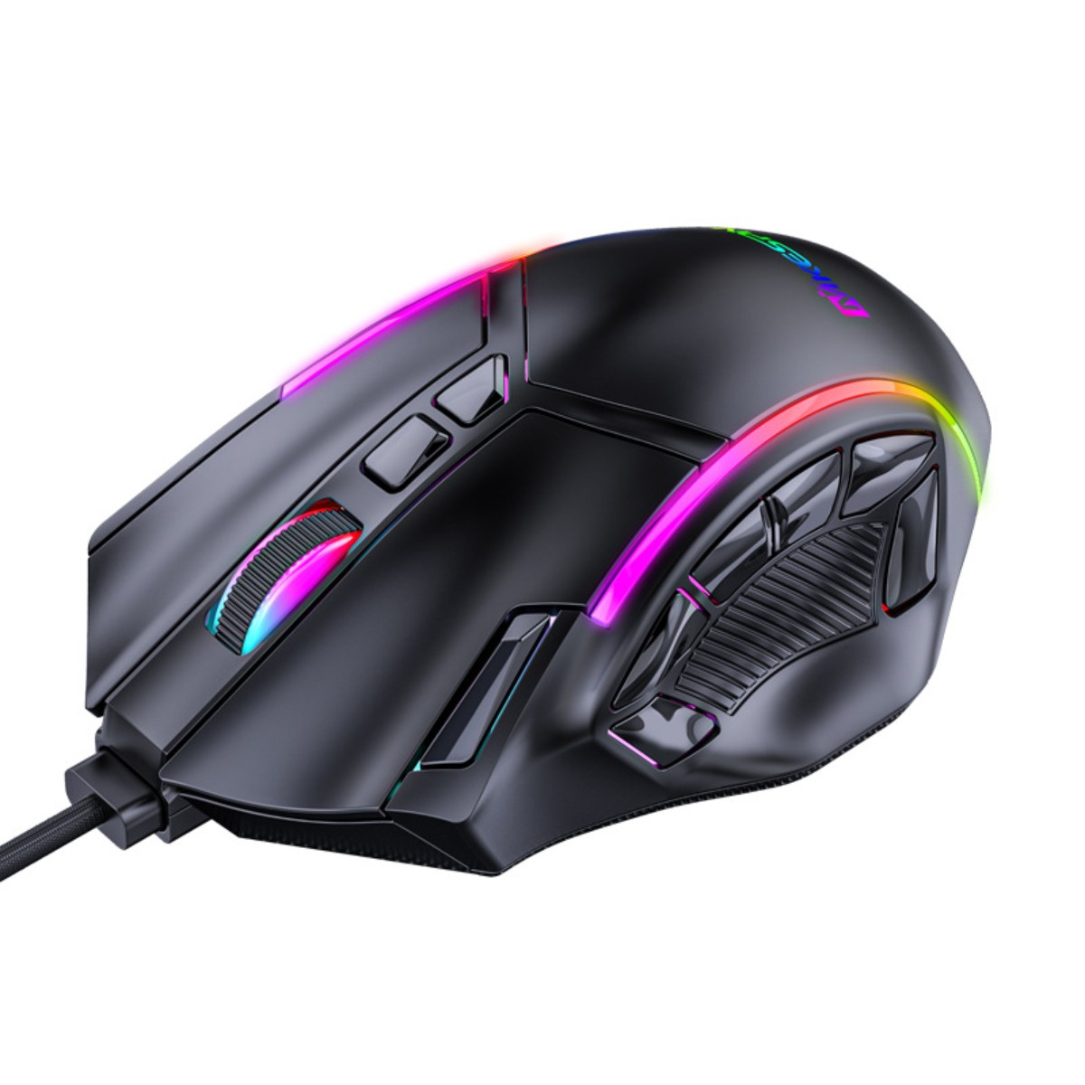 Schwarze Gaming-Maus mit RGB-Beleuchtung. Mehrere Tasten und strukturiertes Design.